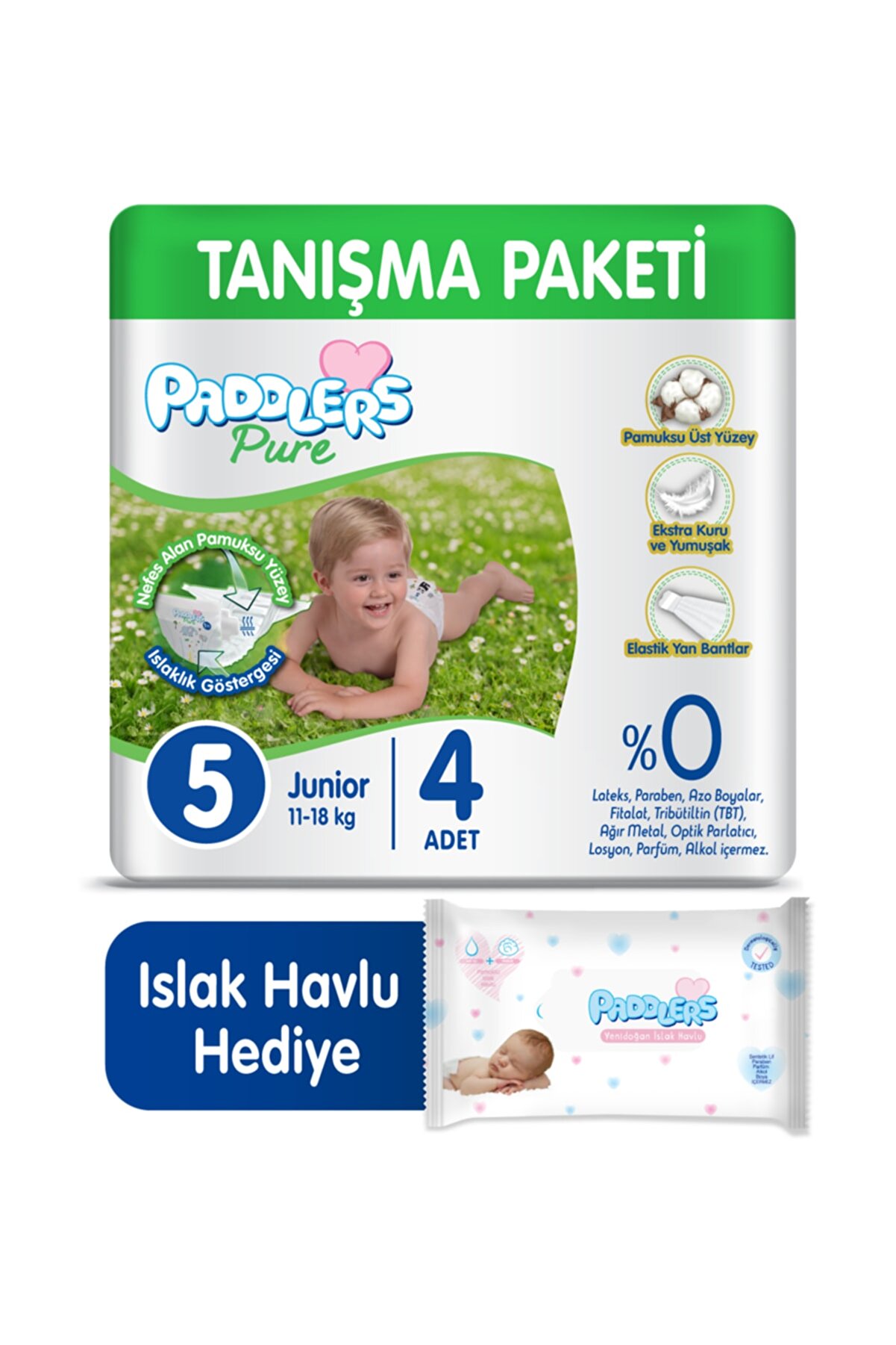 Paddlers Pure Bebek Bezi 5 Numara Junior 4 Adet (11-18 KG) 40'lı Yenidoğan Islak Havlu
