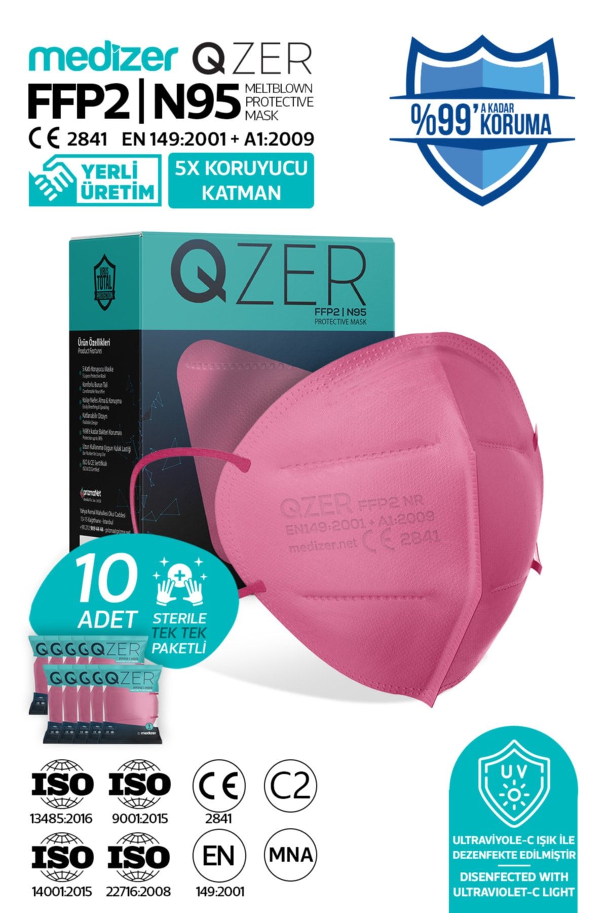 Medizer Qzer 10 Adet Pembe Renk 5 Katmanlı N95 Maske