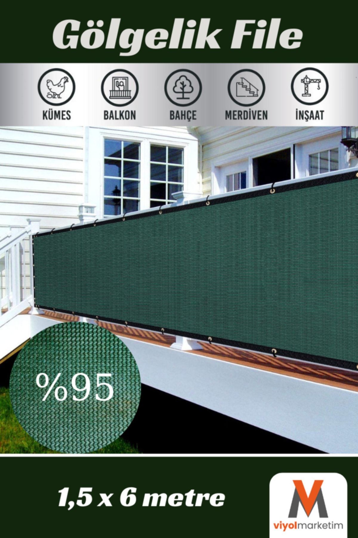 viyolmarketim 95'lik Yeşil Gölgelik File 1,5x6 Metre Çit Gizleme Ağı Şeritli Kuşgözlü Balkon Filesi