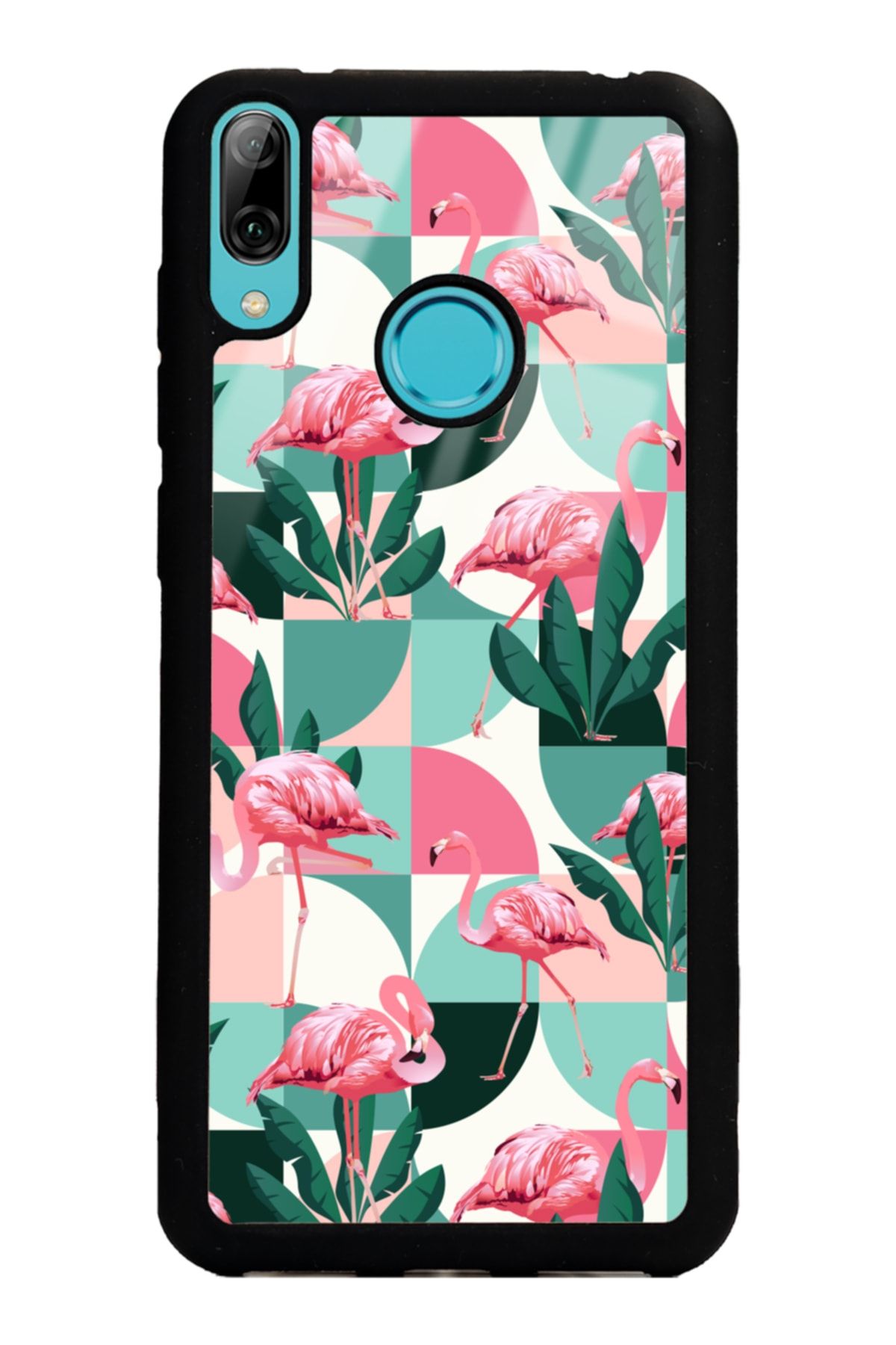 Spoyi Huawei Y7 (2019) Retro Flamingo Duvar Kağıdı Tasarımlı Glossy Telefon Kılıfı
