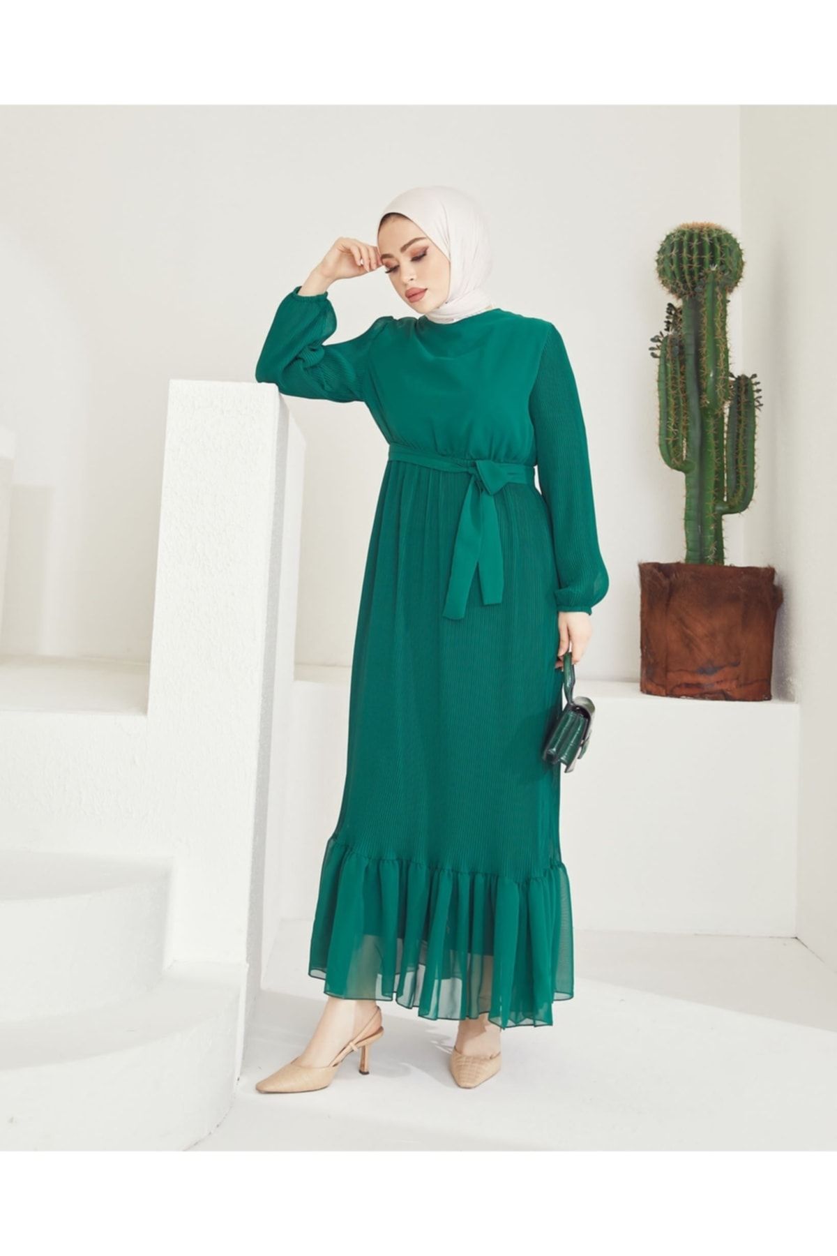 She Olive Piliseli Şifon Elbise  Yeşil