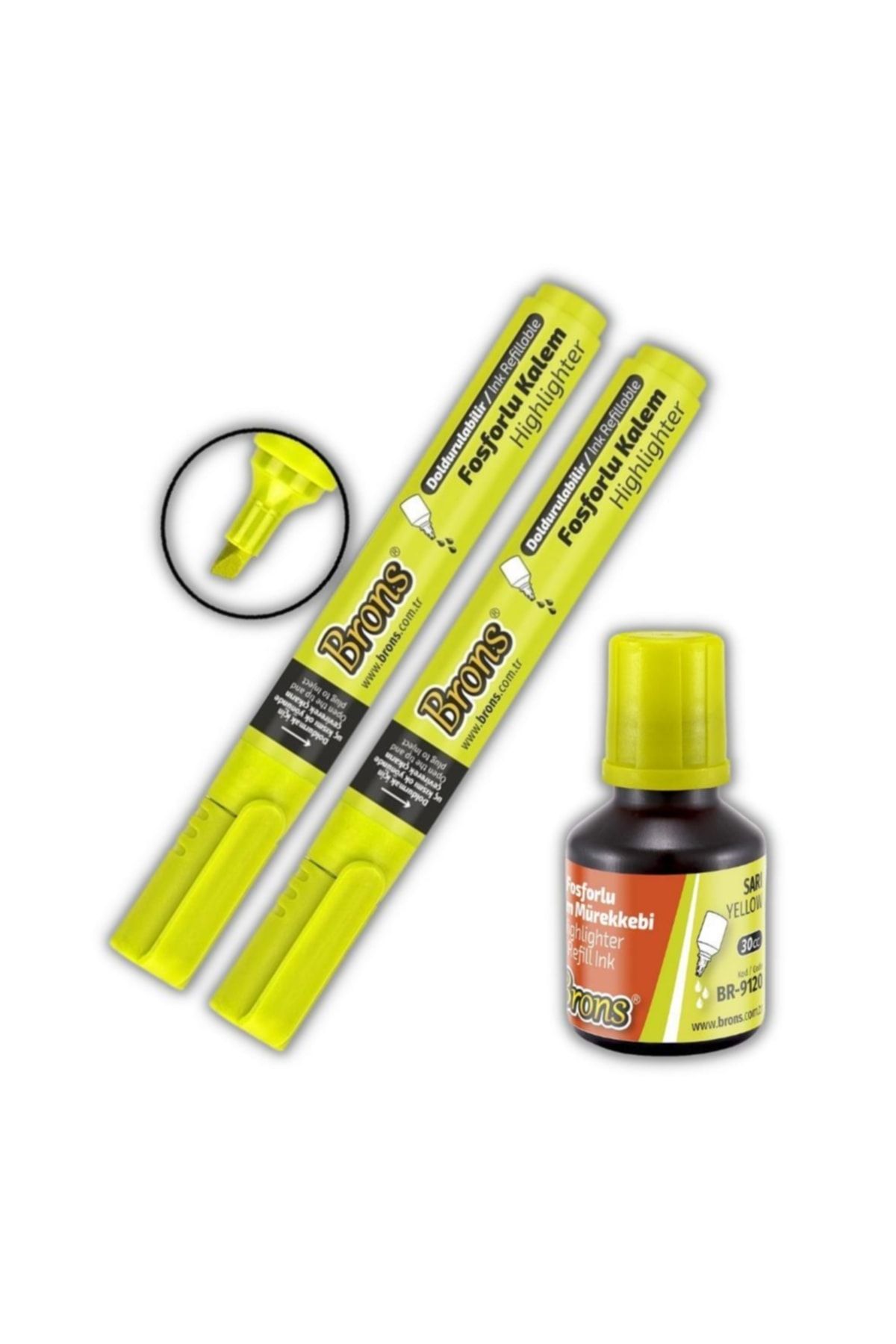 Brons Fosforlu Kalem Sarı Doldurulabilir 2 Adet Ve Mürekkebi 30ml 1 Adet