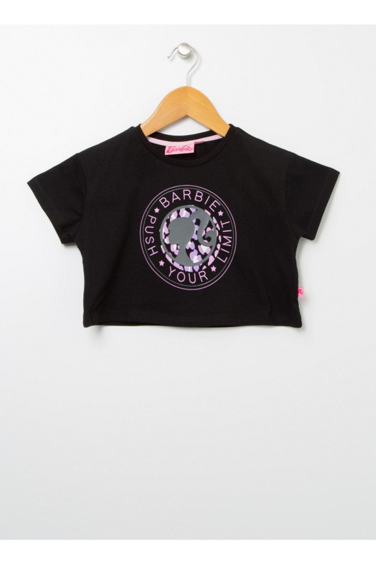 Barbie Bisiklet Yaka Crop Kesim Baskılısiyah Kız Çocuk T-shirt - 22bs-80