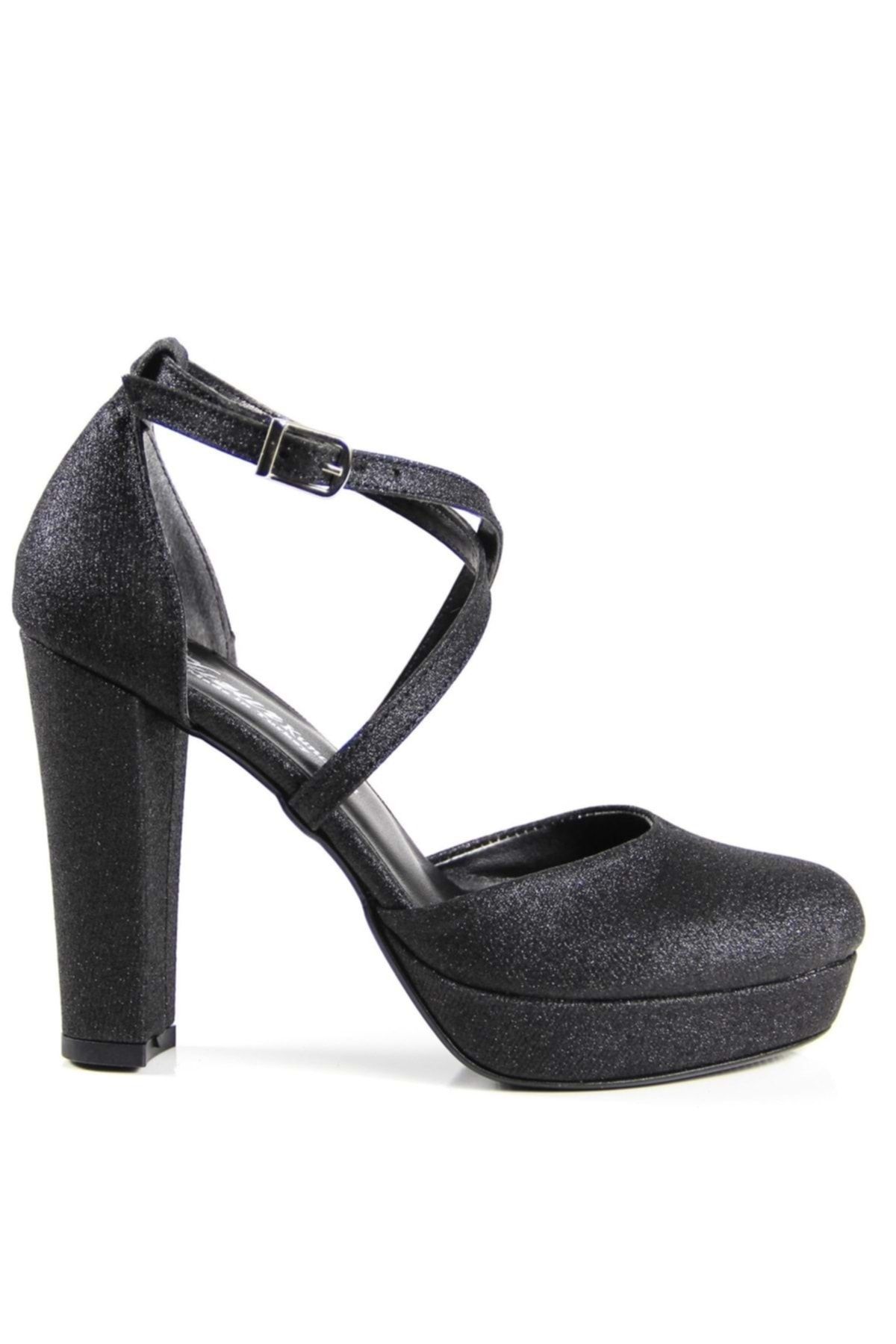 Akgün Kundura Kadın Platform Çapraz Baglı Topuklu Ayakkabı Hz - Simli - Siyah - 39