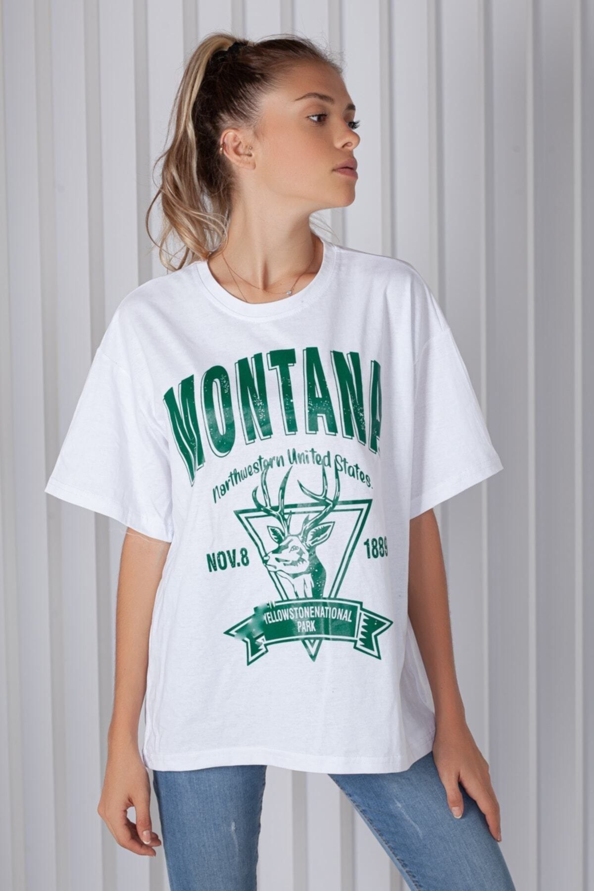 blackbonds Kadın Beyaz Montana Baskılı Oversize T-shirt
