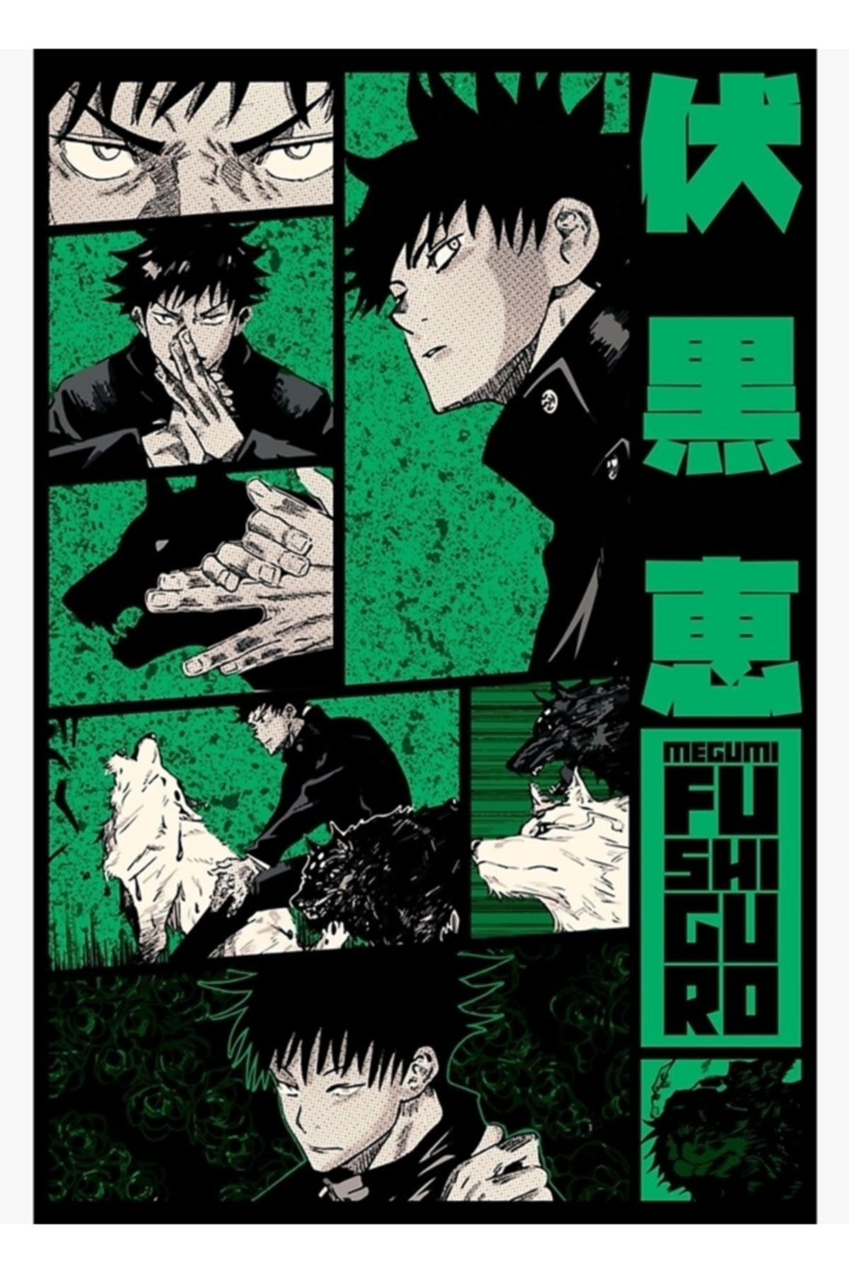 Universal Megumi Fushiguro Jujutsu Kaısen Manga Panel Tasarımı S02 -yeşil- Tablo Ahşap Poster Dekoratif