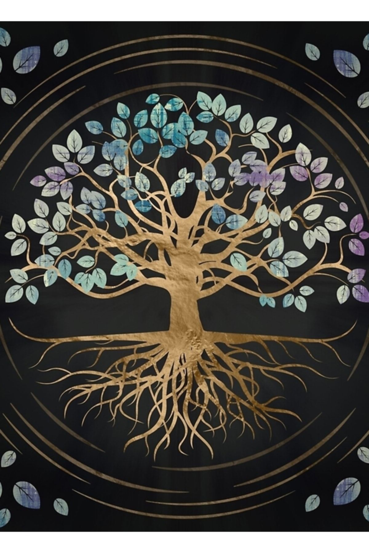 Universal Hayat Ağacı - Yggdrasil - Altın Ve Boyalı Doku Tablo Ahşap Poster Dekoratif