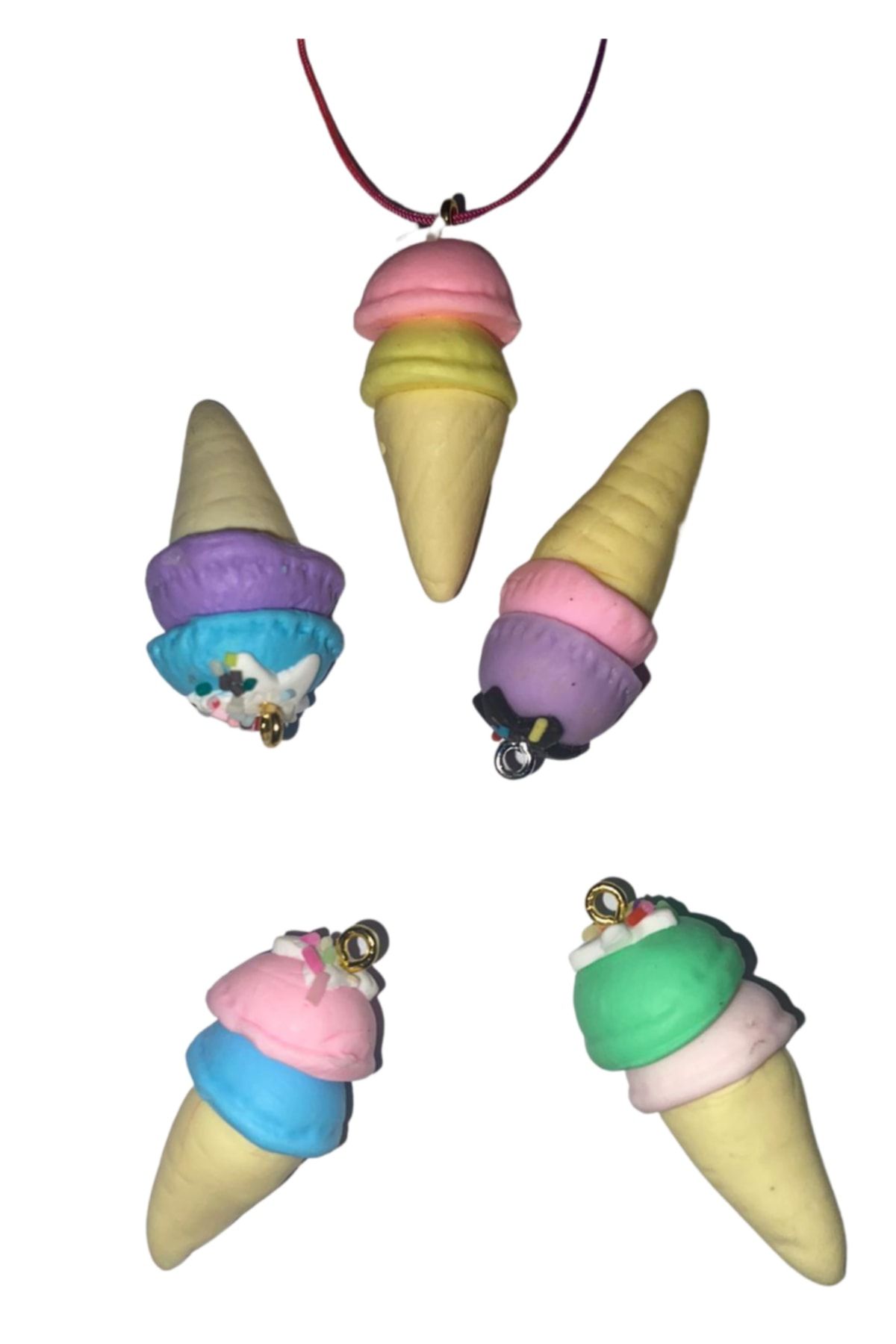 Webdesepet Kız Çocuk Rengarenk Ipli Kolye Dondurma Tasarımlı Polimer Rengarenk Kolye