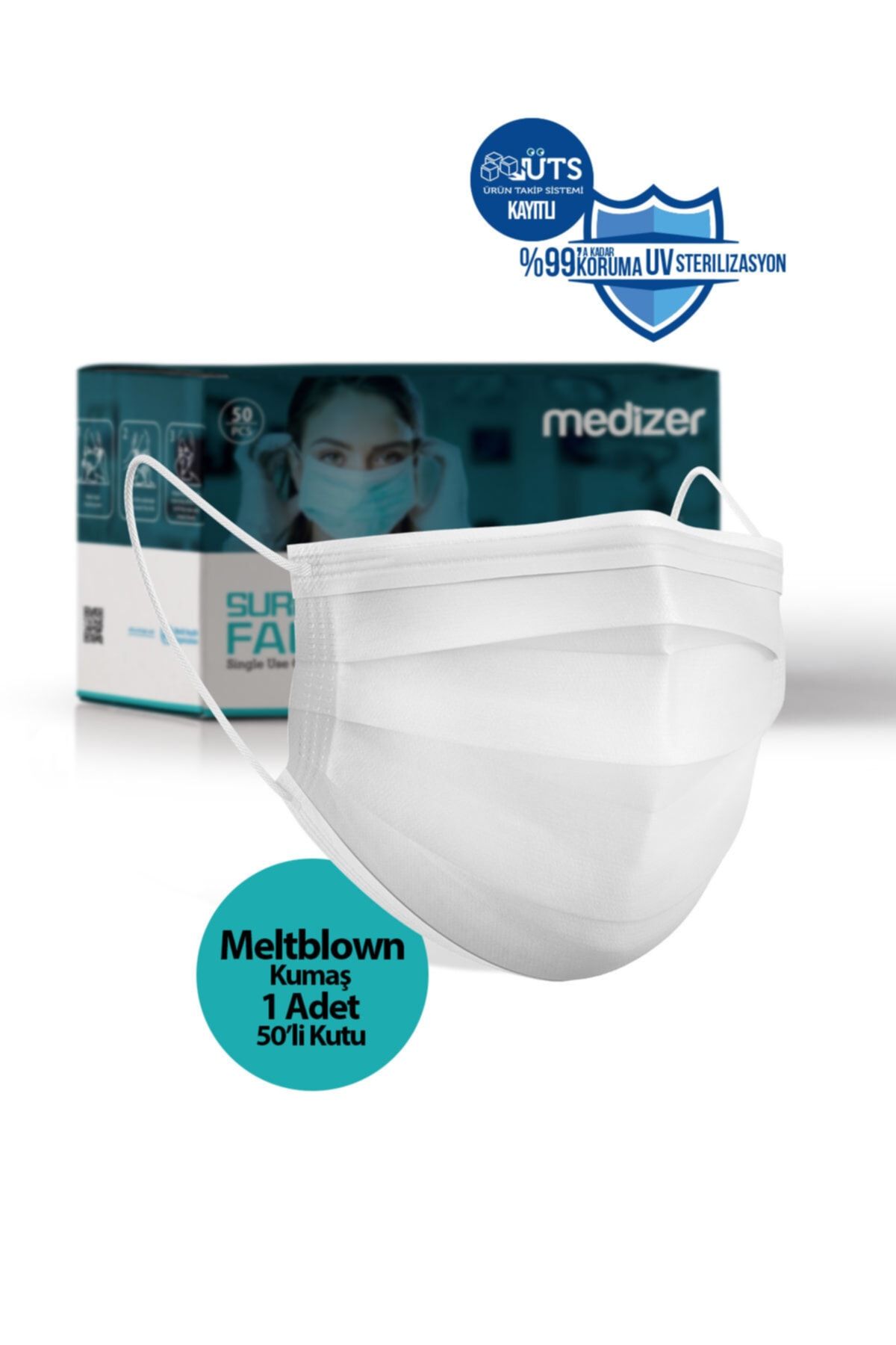 Medizer Beyaz Cerrahi Maske Meltblown Kumaş - 50 Adet