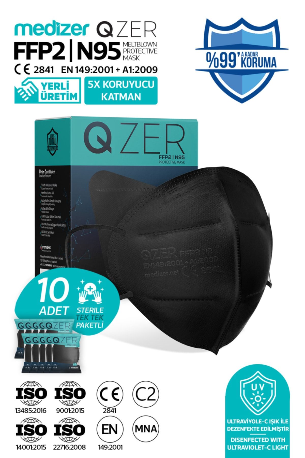 Medizer Qzer 10 Adet Siyah Renk 5 Katmanlı N95 Maske