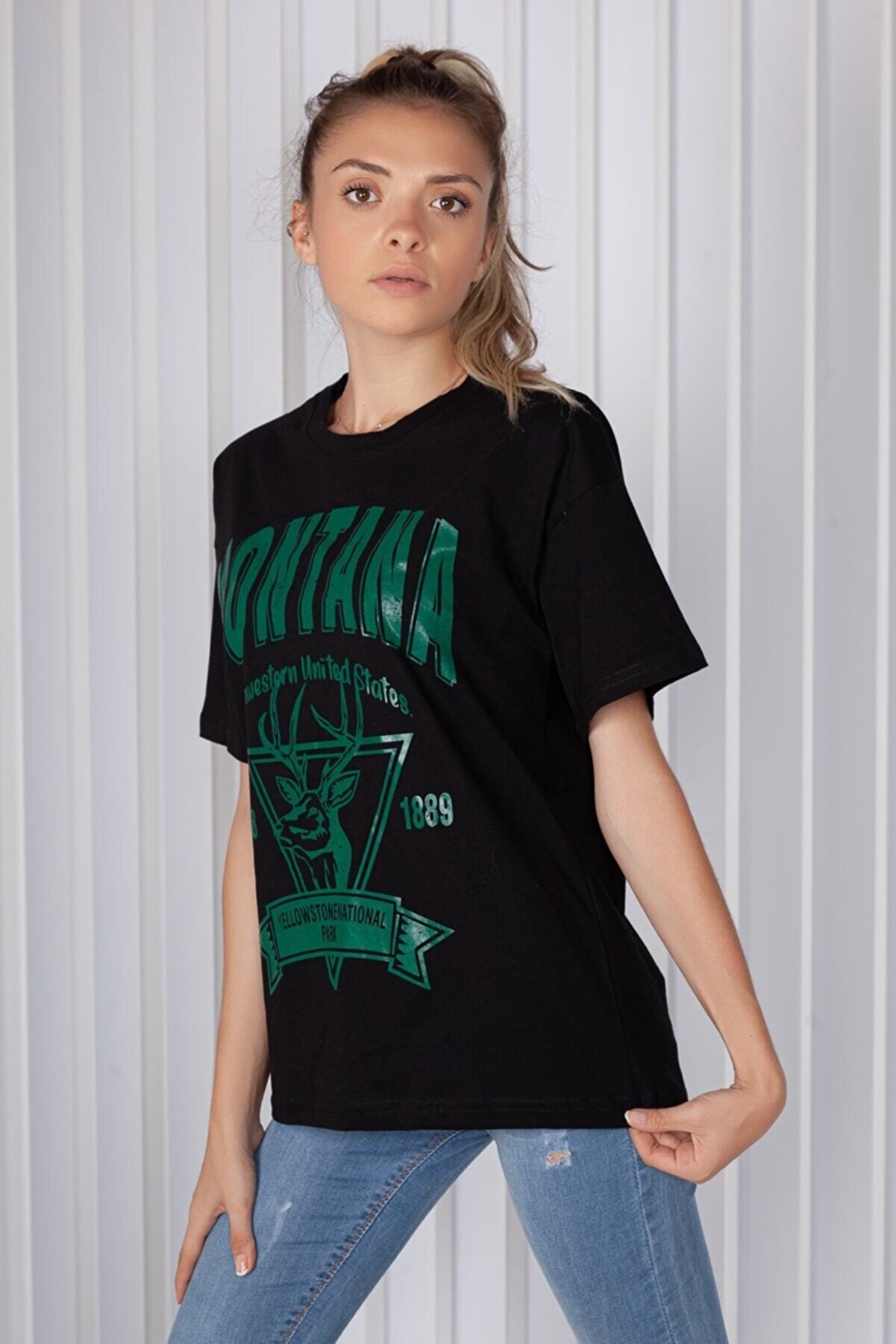 blackbonds Kadın Siyah Montana Baskılı Oversize T-shirt