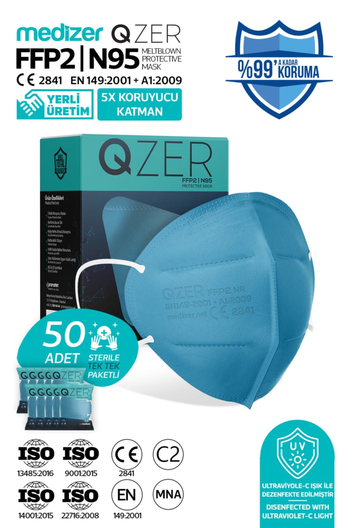 Medizer Qzer 50 Adet Mavi Renk 5 Katmanlı N95 Maske