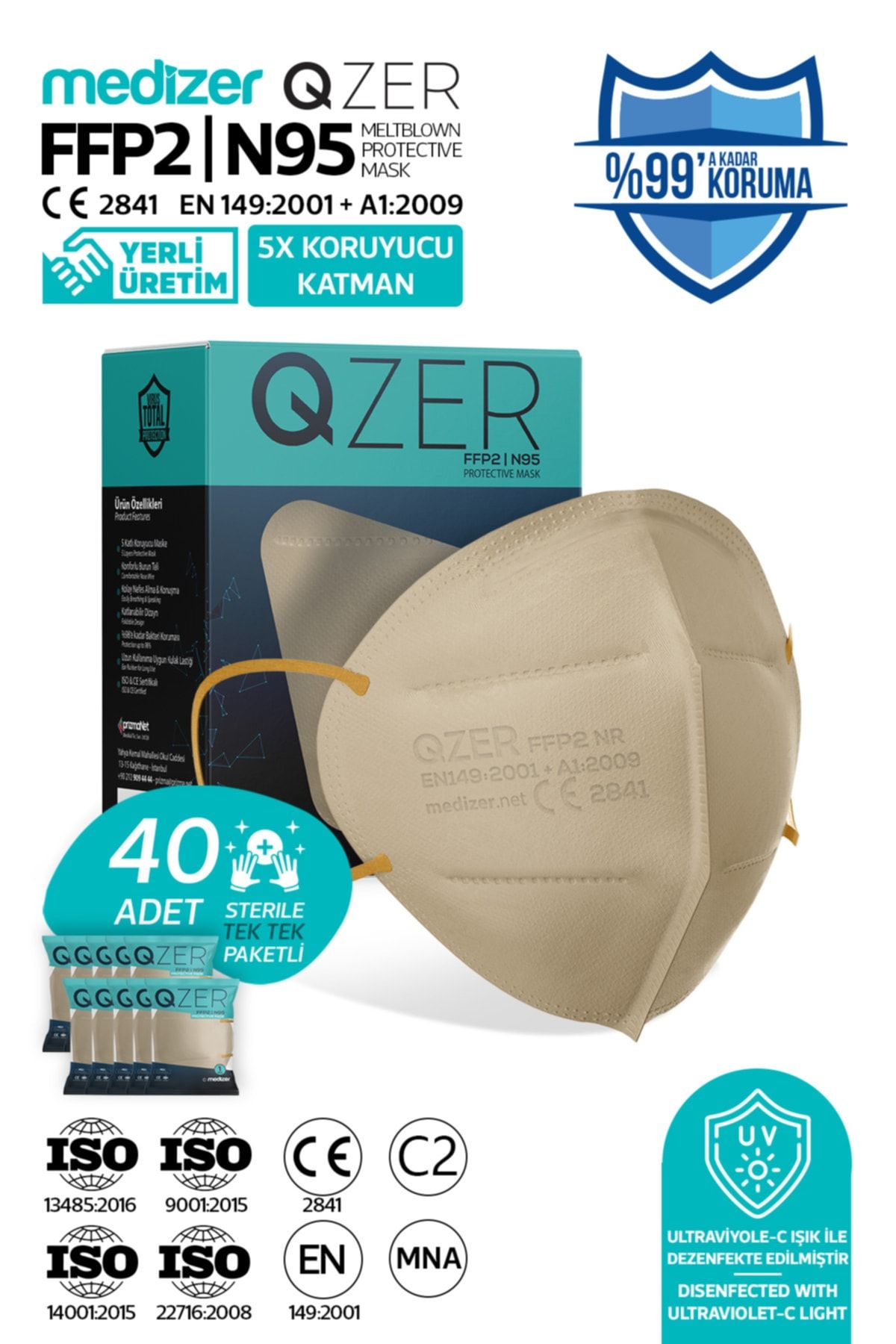 Medizer Qzer 40 Adet Krem Renk 5 Katmanlı Ffp2 Maske