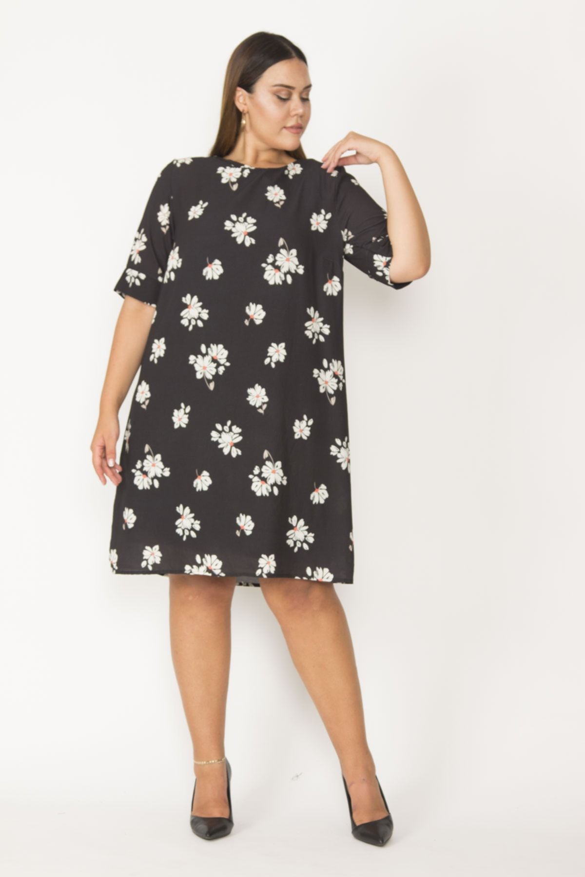 Şans Tekstil Kadın Siyah Astarlı Krep Kumaş Çiçek Desenli Elbise 26a27356