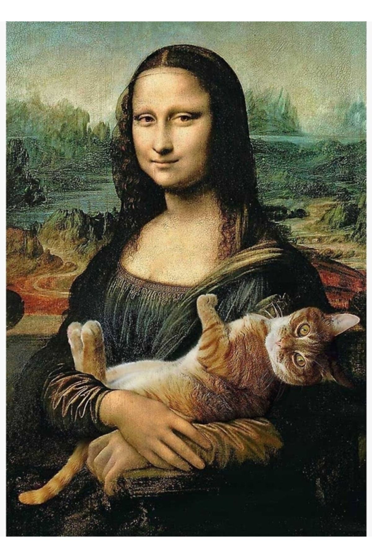 Universal Bir Kedi Tutan Mona Lisa Tablo Ahşap Poster Dekoratif