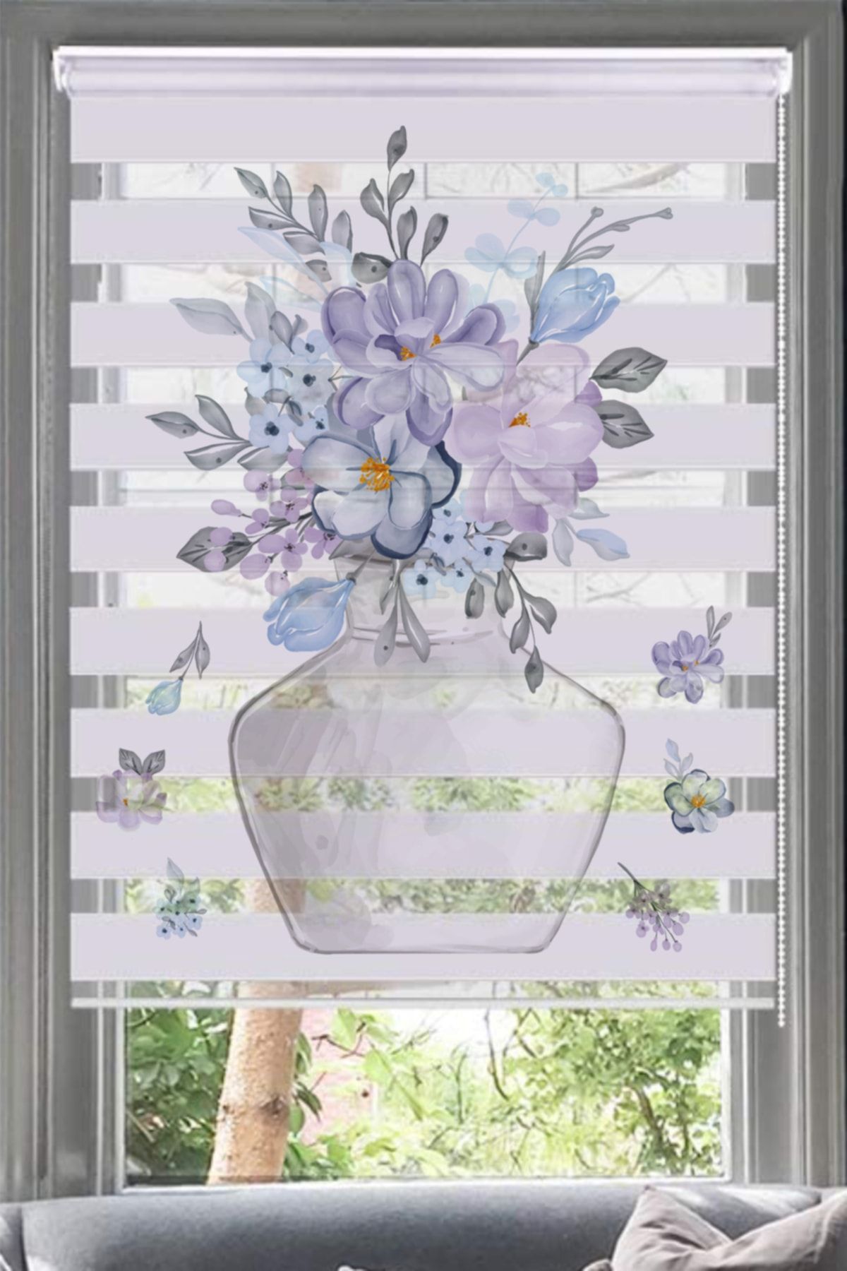 Lotus Vazodan Dökülen Çiçekler Desenli Zebra Perde-mutfak - Oturma Odası-vazodakiçiçek
