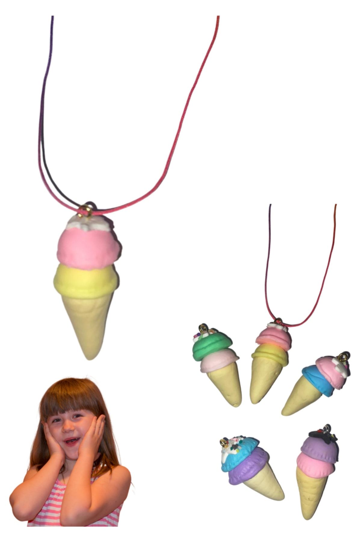 Webdesepet Kız Çocuk Rengarenk Ipli Kolye Dondurma Tasarımlı Polimer Rengarenk Kolye