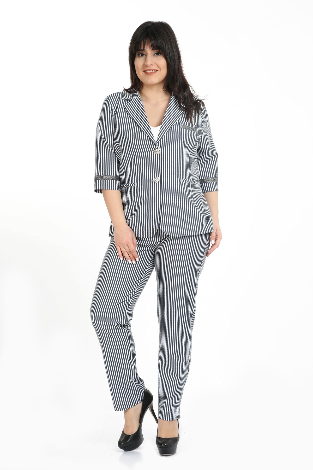 Element's Kadın Lacivert Çizgili Klasik Ceket Pantolon Takım