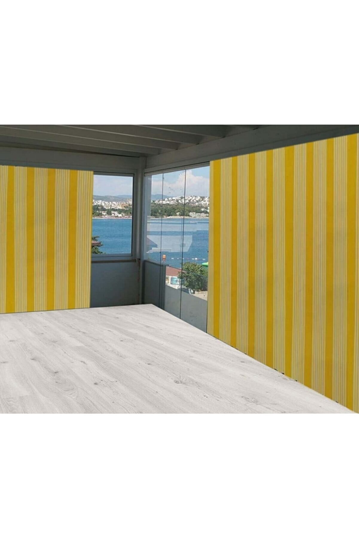 Evim Sarı Beyaz Çizgili Balkon Branda Perdesi 350/250