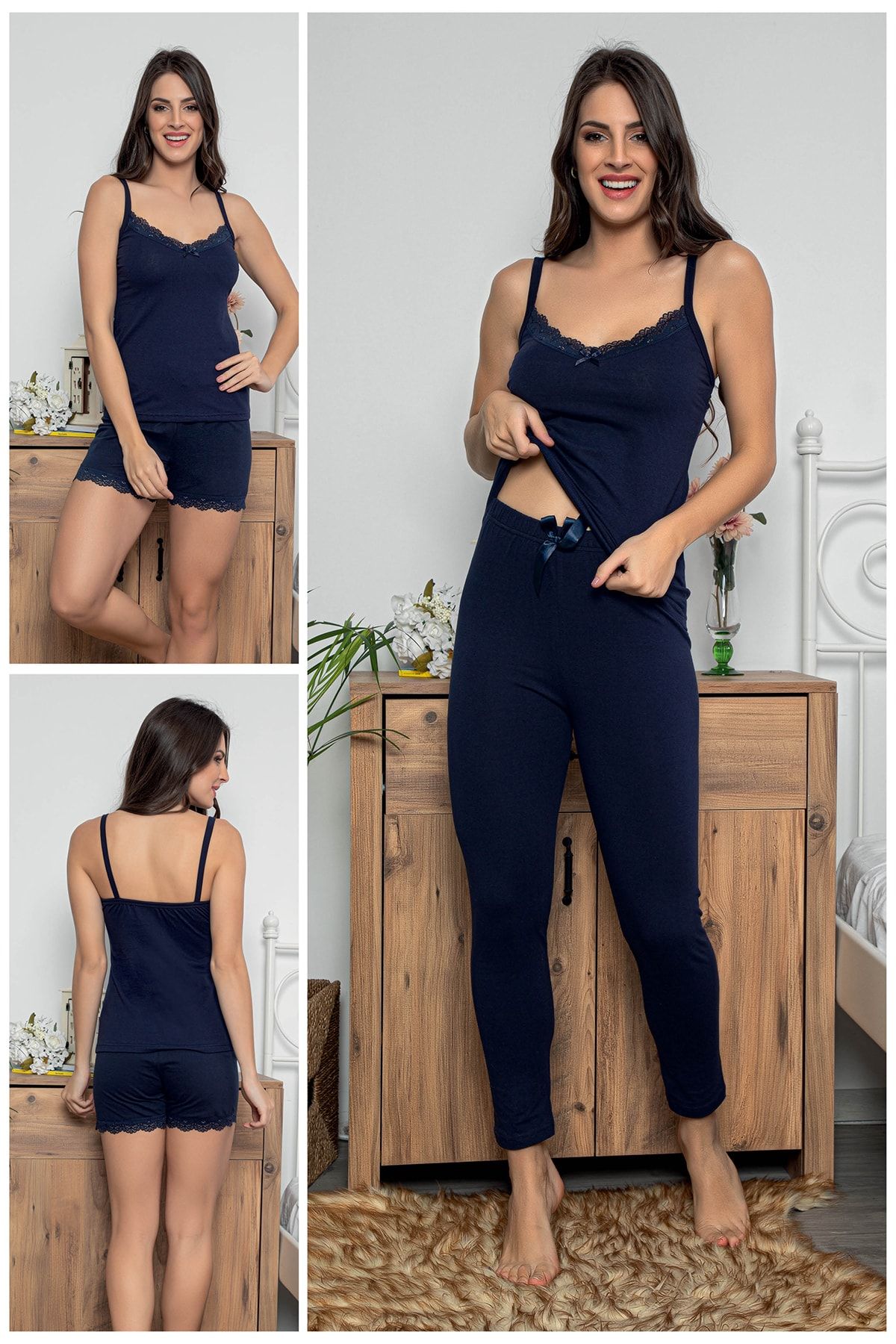 MyBen Kadın Lacivert Renkli Dantel Detaylı Şortlu Ve Taytlı Pijama Takımı 3'lü Set 75019