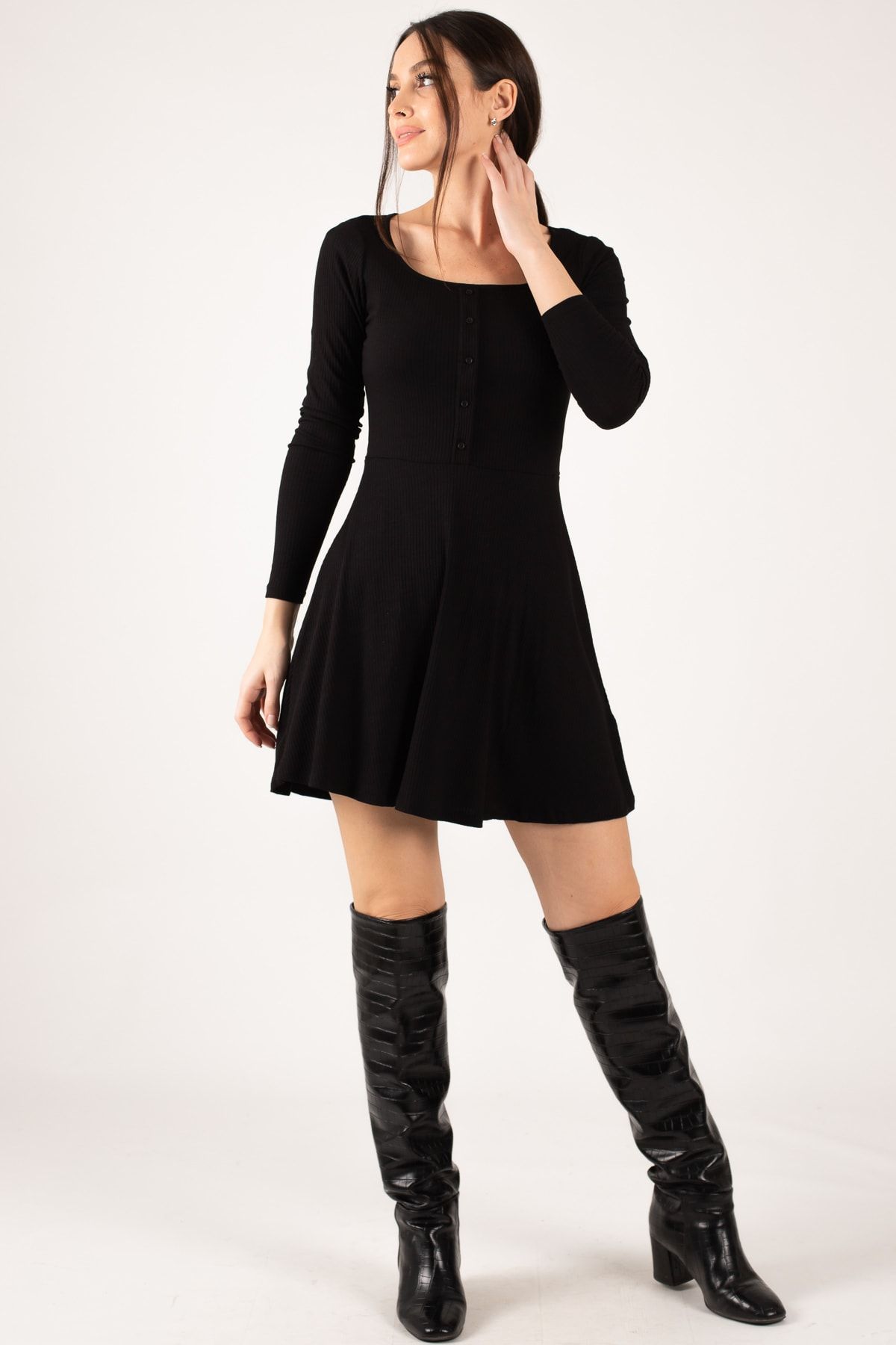 armonika Kadın Siyah Önü Düğmeli Fitilli Kloş Elbise ARM-21K042015