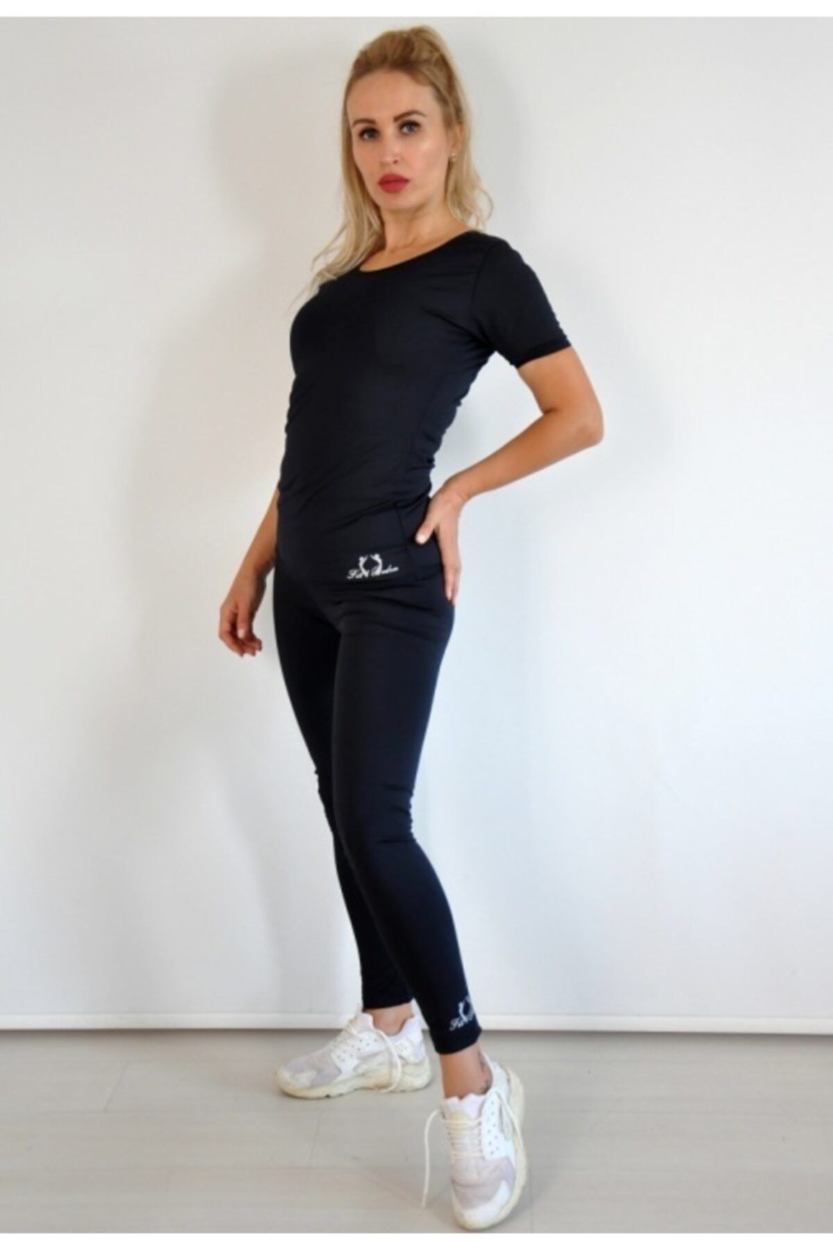 Genel Markalar Kadın Lacivert İçi Polimer Kaplama Yağ Yakan T-shirt Ve Yüksek Bel Tayt Termal Korse İçlik Takım