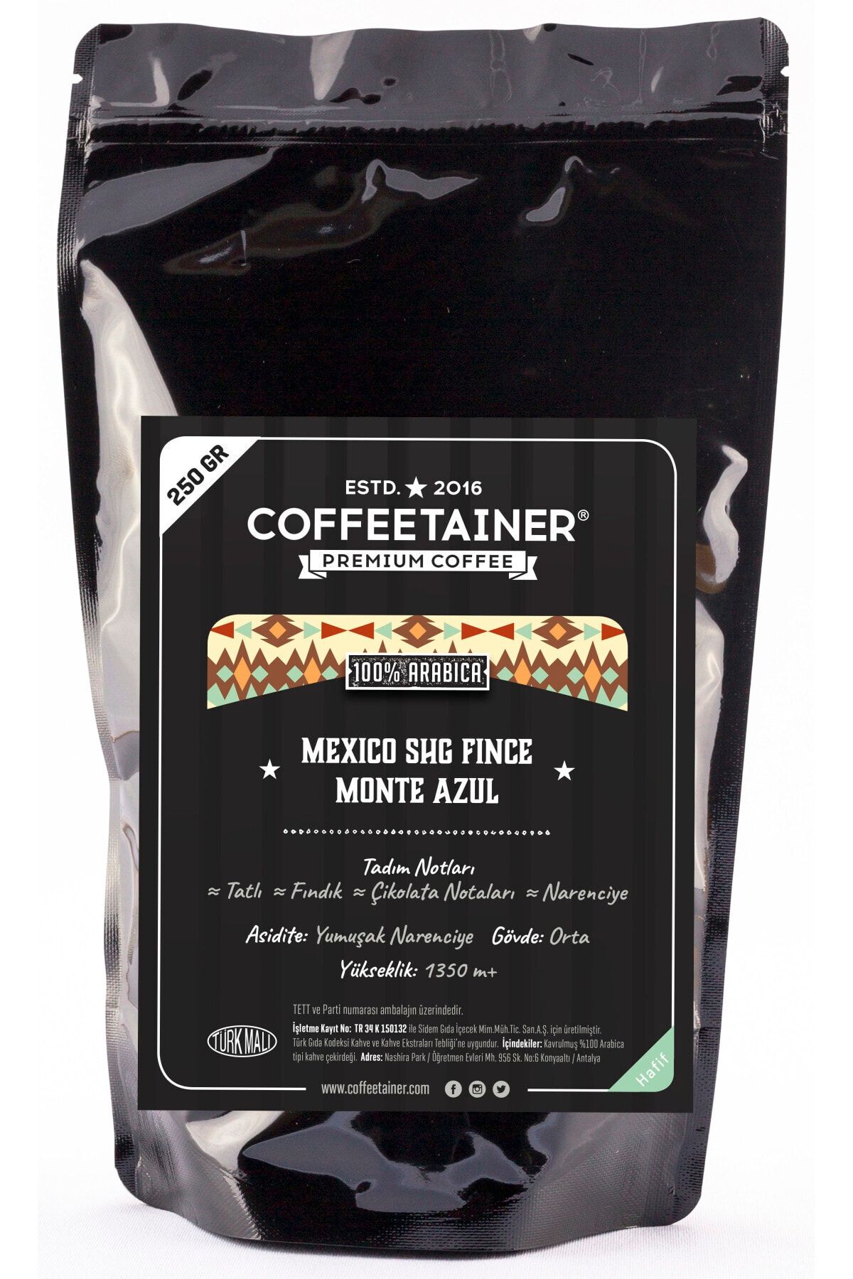 COFFEETAINER Meksika Monte Azul Çekirdek Kahve (%100 Arabica) 250 Gr