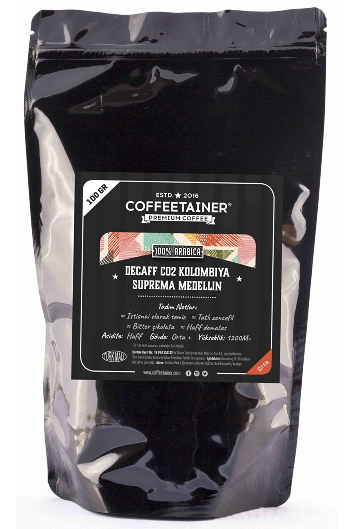 COFFEETAINER Kafeinsiz Kolombiya Supremo Medellin Çekirdek Kahve  %100 Arabica  100 gr