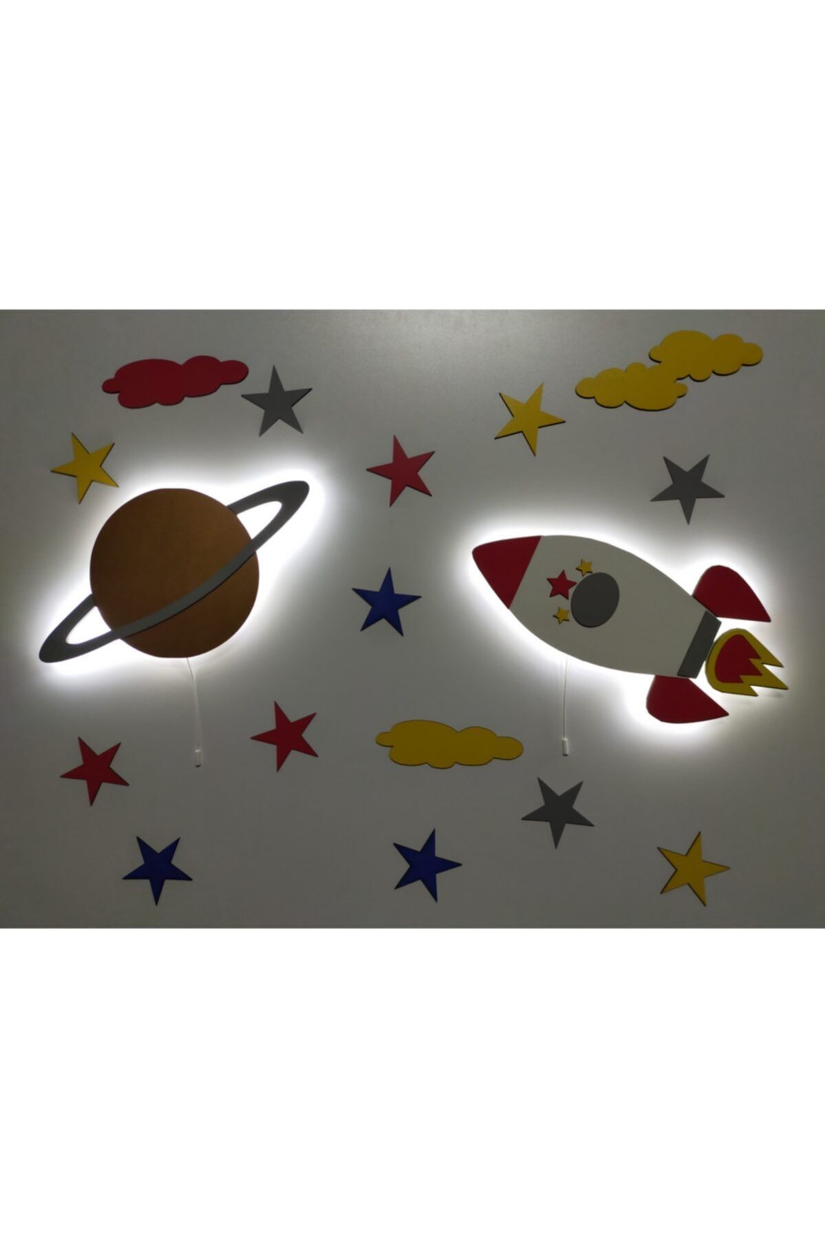 fabrikahşap Çocuk Odası Dekoratif Ahşap Gezegen Roket Gece Lambası Ledli Aydınlatma