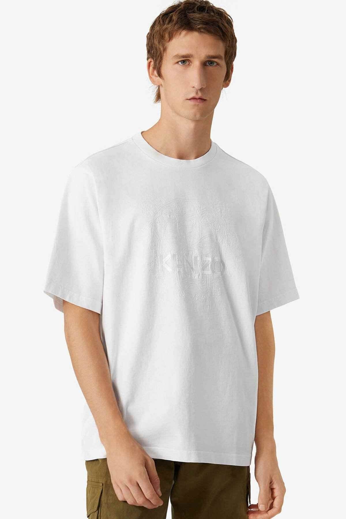 Kenzo Erkek Beyaz Loose Fit Kaplan Logolu Tshirt