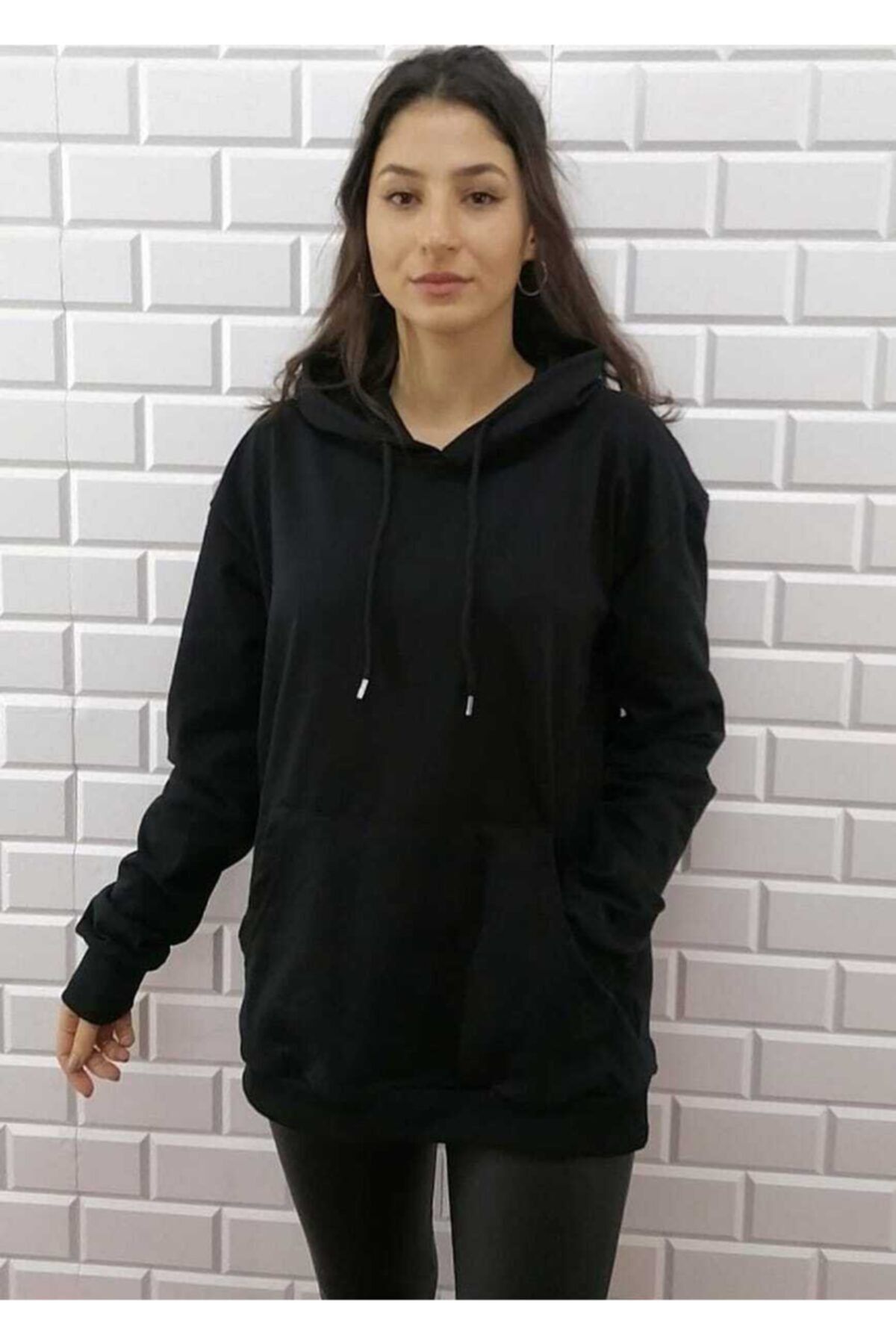 KALİK Unisex Oversize Siyah Kapüşonlu Kanguru Cep Sweatshirt