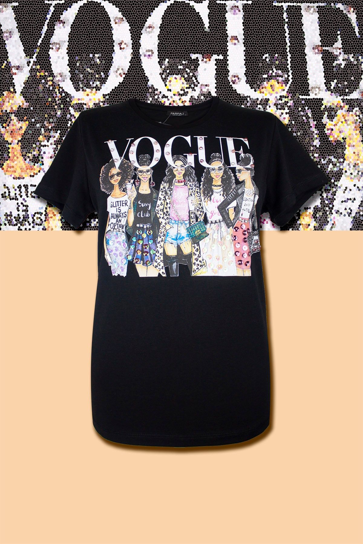 PARPALİ Kadın Siyah Moda Vogue Taşlı Baskılı İnce Detaylı Boncuk Ve Taş İşlemeli Pamuklu Örme T-shirt