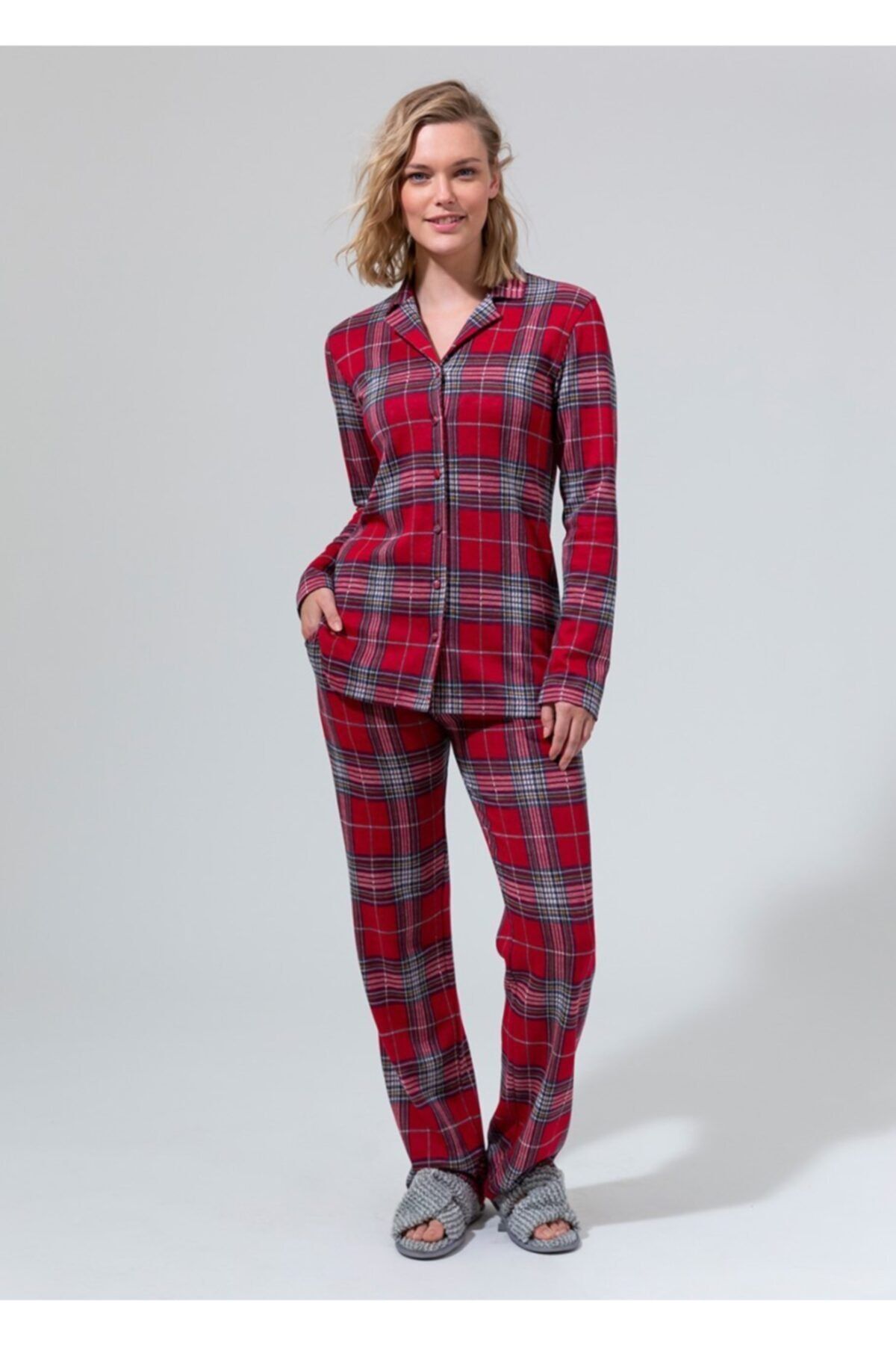 Dagi Kadın Kırmızı Ekose Empirme Gömlek Pijama Takımı