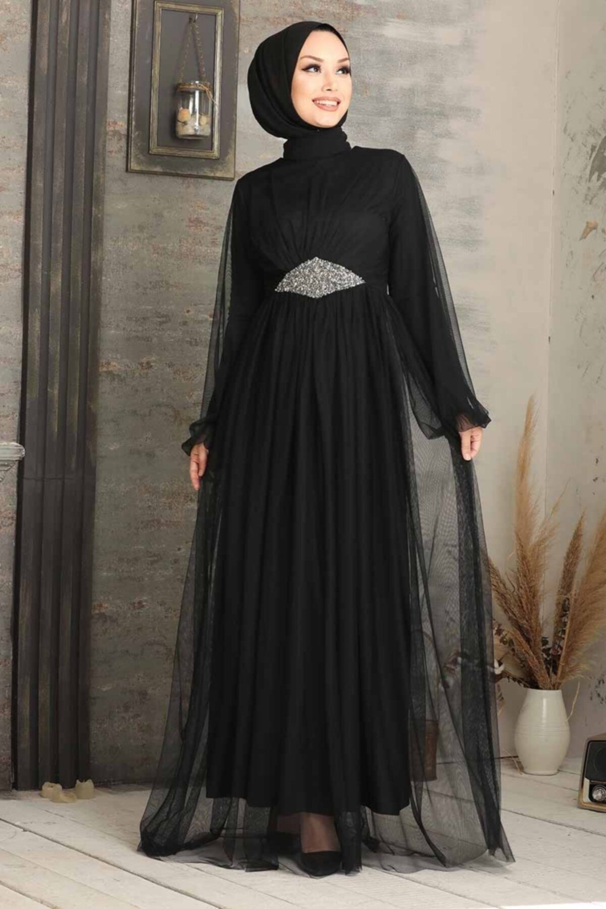 Neva Style Tesettürlü Abiye Elbise - Tüllü Siyah Tesettür Abiye Elbise