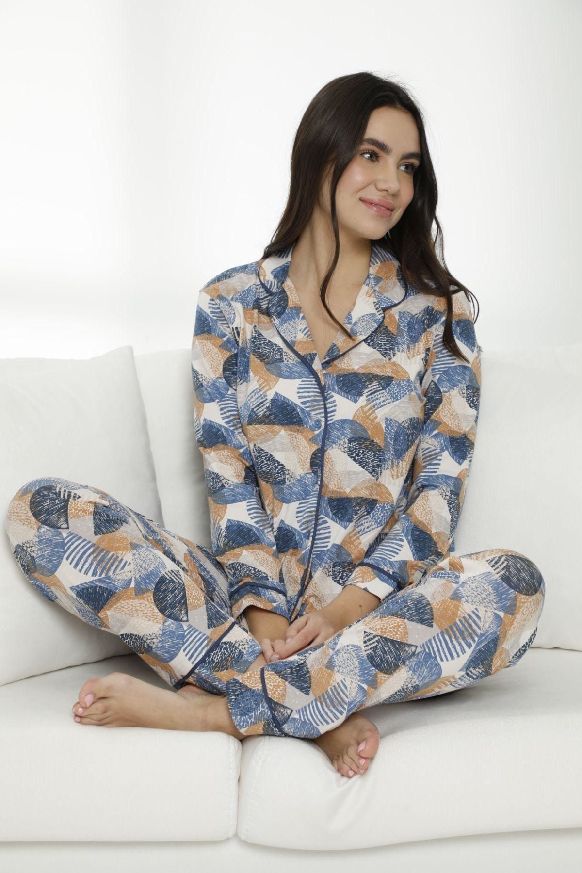 Siyah İnci Kadın Çok Renkli Pamuklu Likralı Düğmeli Biyeli Pijama Takım