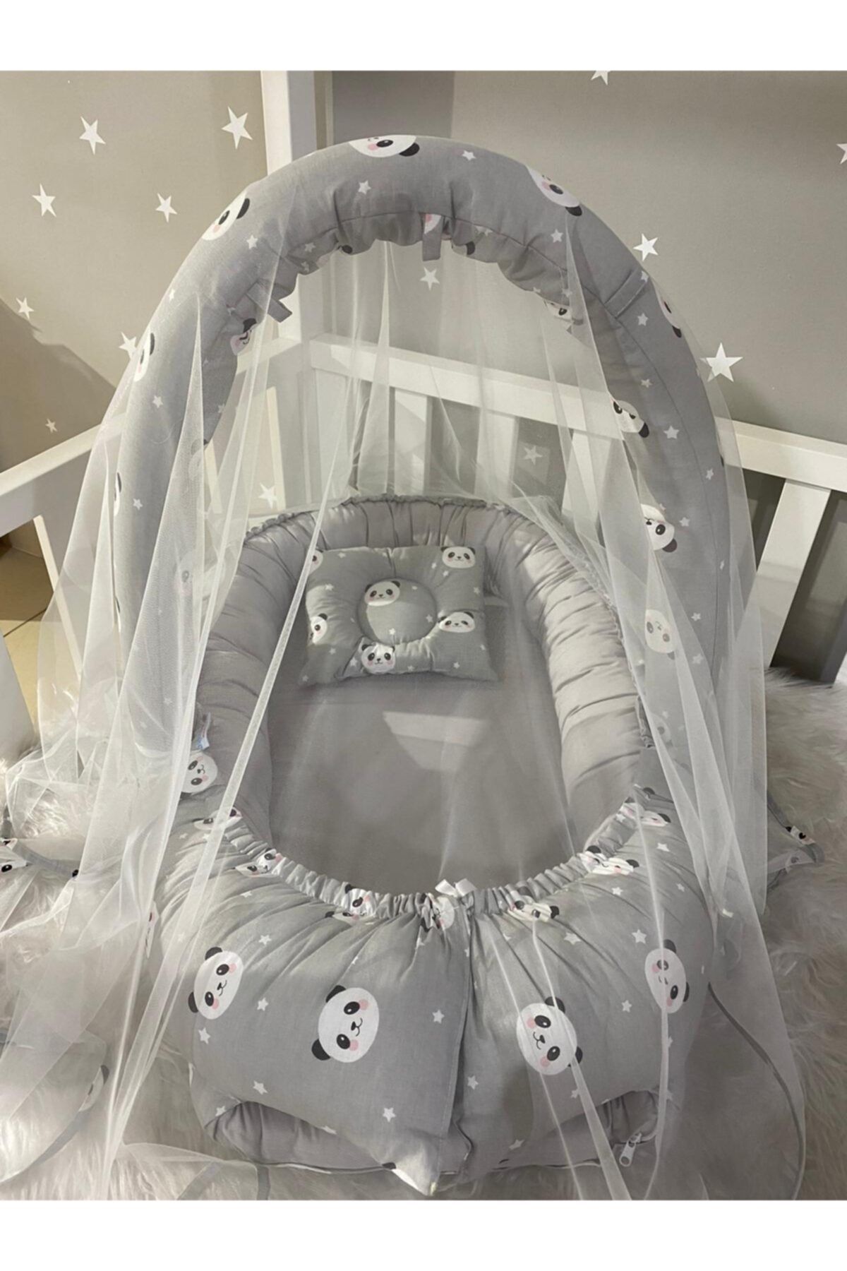 Jaju Baby Nest Gri Panda Cibinlik Ve Oyuncak Askılı Tasarım Jaju-babynest Anne Yanı Bebek Yatağı