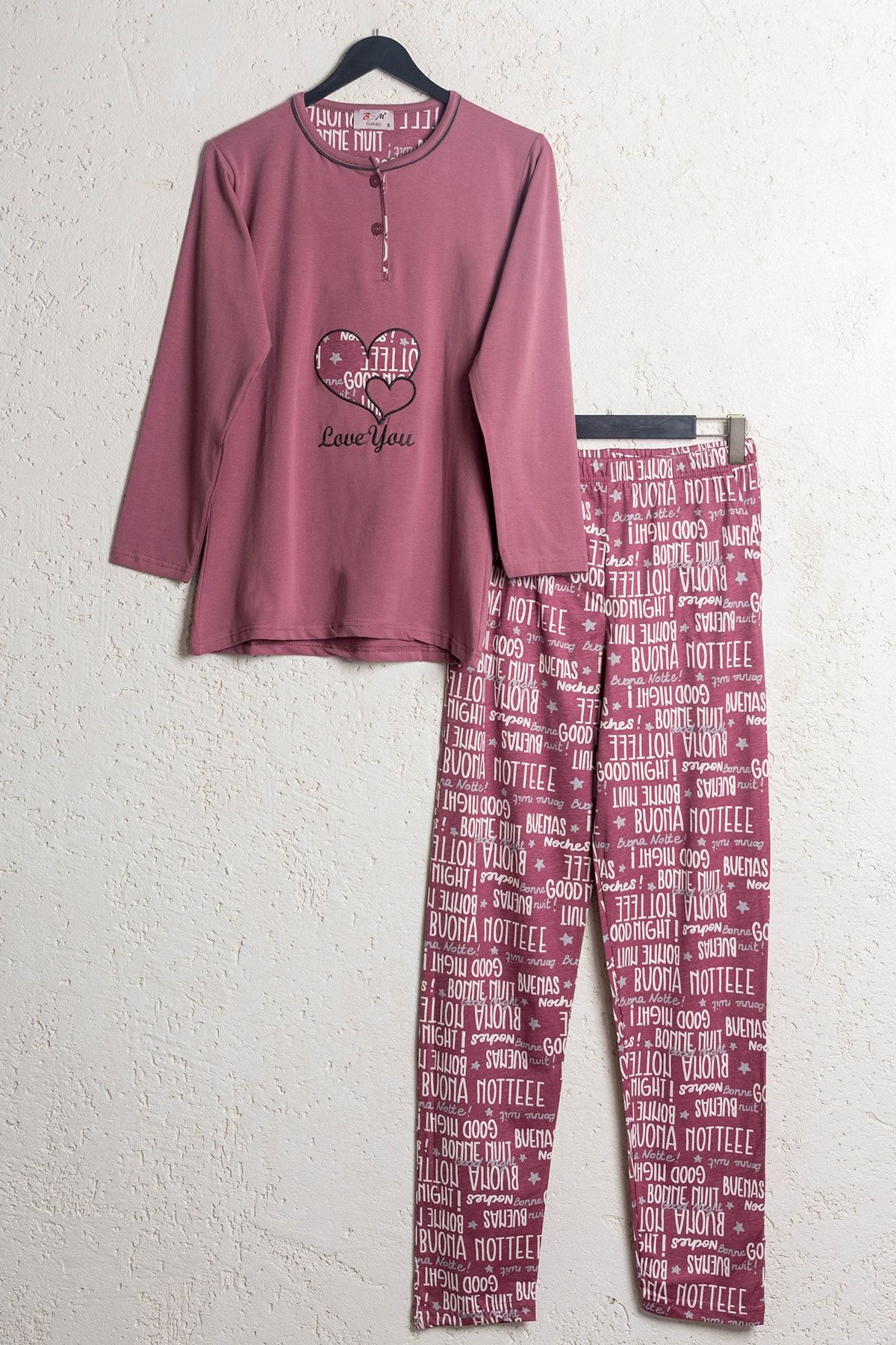 BSM Kadın Gül Kurusu Pamuklu Kalp Desenli Mevsimlik Pijama Takımı