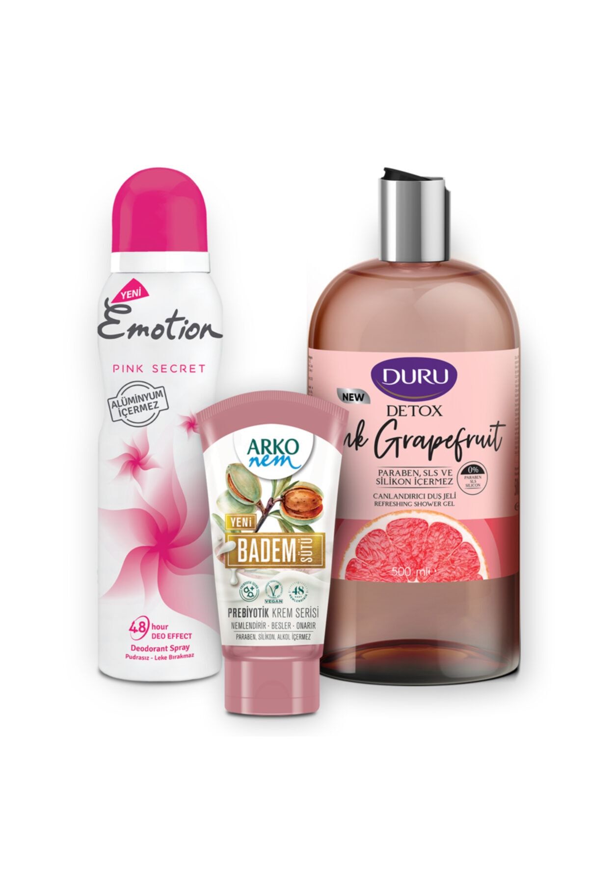 Emotion Pink Secret Deodorant 150ml Ve Duru Greyfurt Duş Jeli 500ml Ve Arko Badem Sütü Krem 60ml