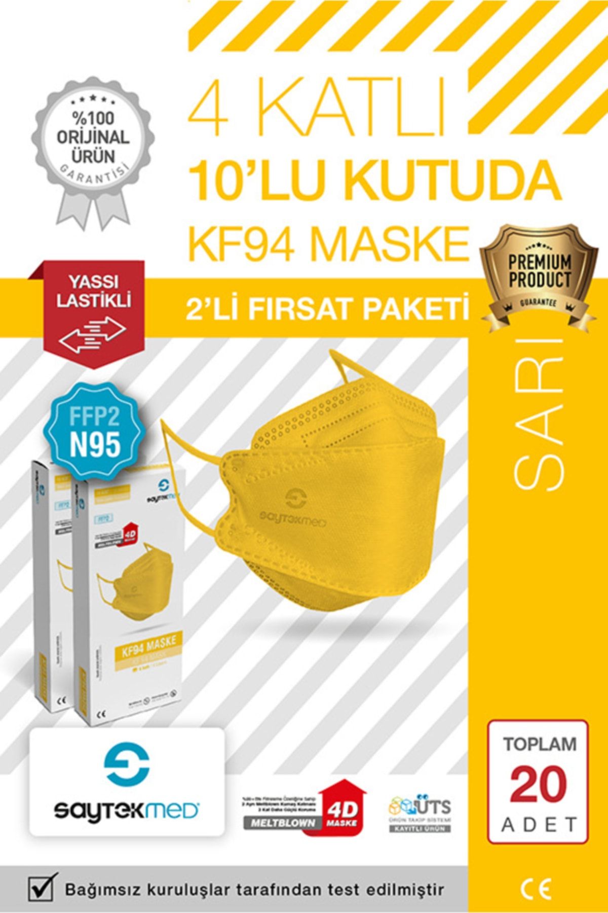 SAYTEKMED N95/FFP2 Kore Tipi, 4 katlı, SARI Maske, Tekli Paket, UV Steril (2 Kutu/ 20 Adet)