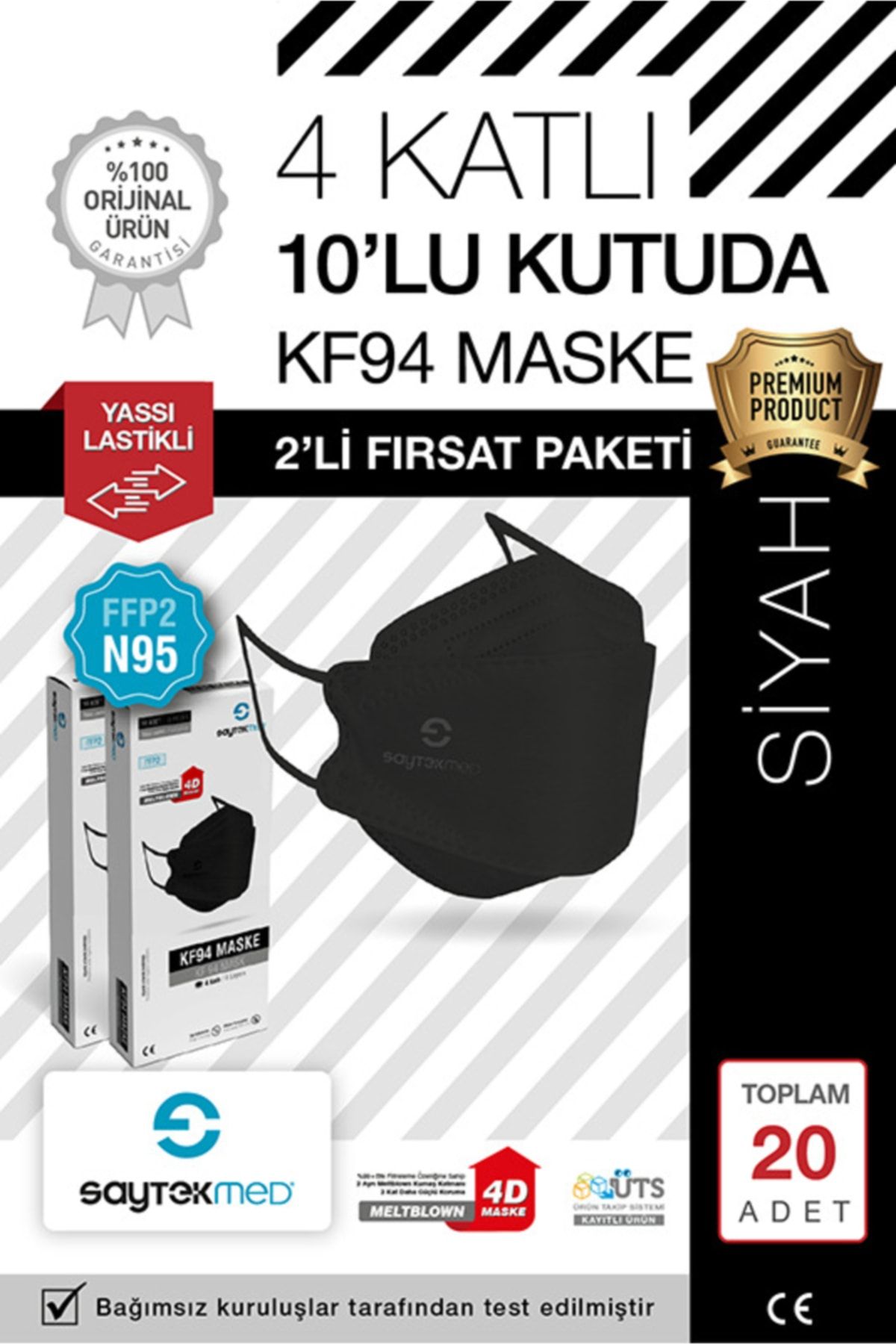SAYTEKMED N95/FFP2 Kore Tipi, 4 katlı, SİYAH Maske, Tekli Paket, UV Steril (2 Kutu/ 20 Adet)