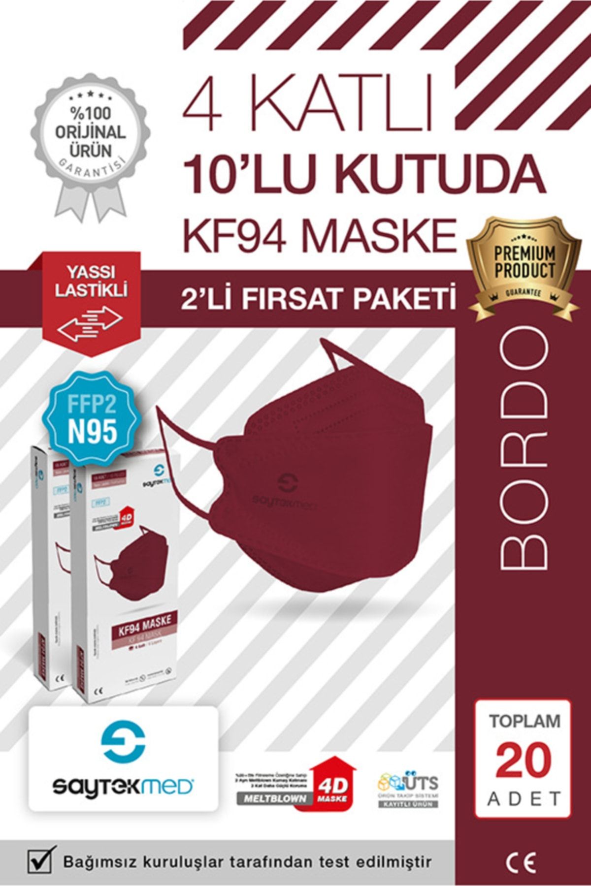 SAYTEKMED N95/FFP2 Kore Tipi 4 katlı BORDO Maske, Tekli Poşet, Uv Steril (2 Kutu/ 20 Adet)