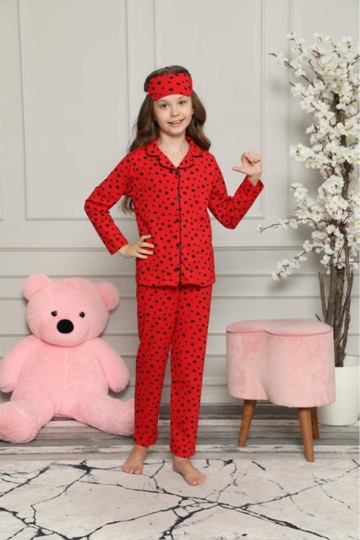 ARCAN Kız Çocuk Kırmızı Fiyonk Pijama Takımı