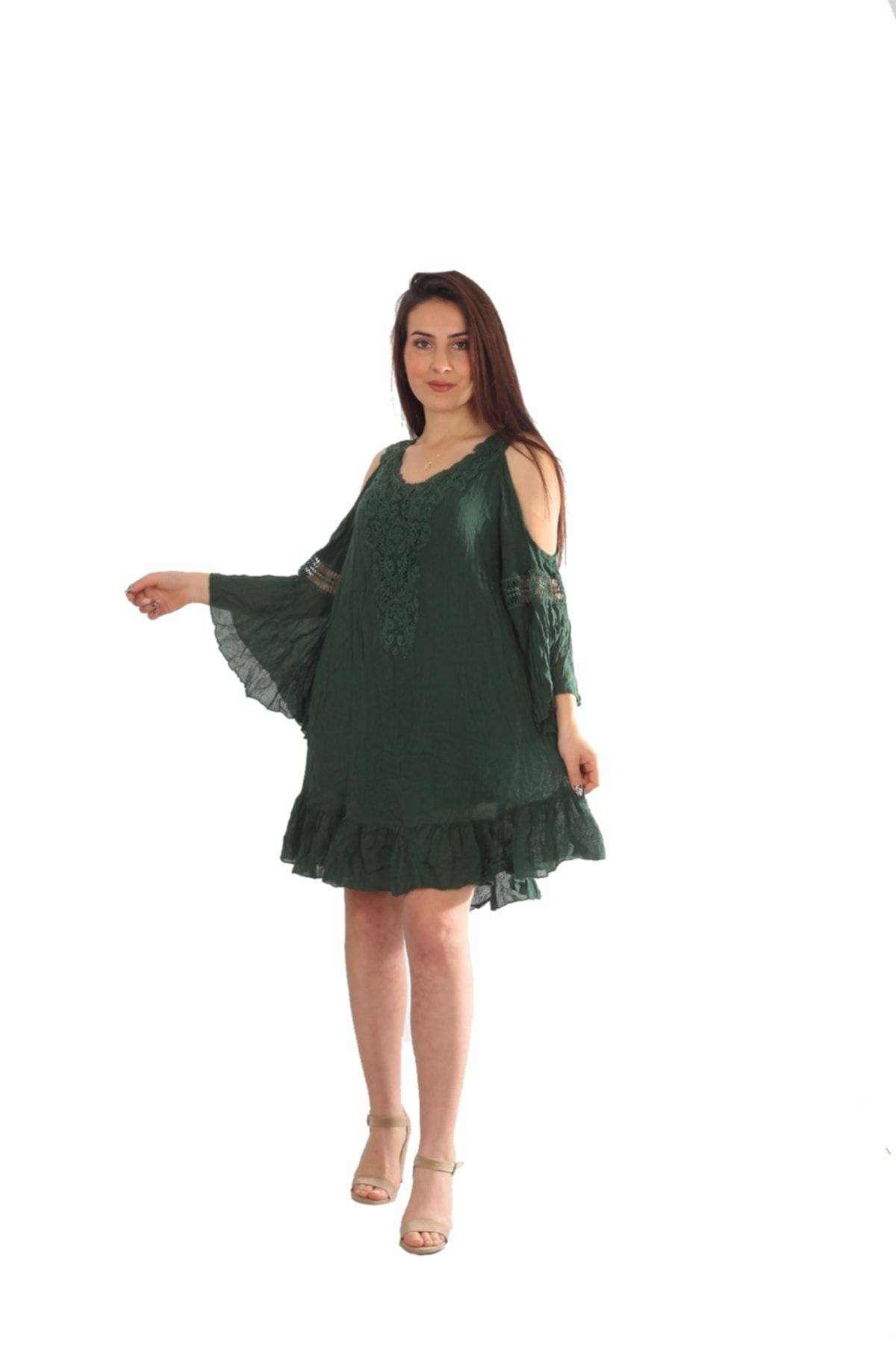 Otantik Tekstil Kadın Otantik Italyan Ipek/keten Büyük Beden Güpürlü Elbise