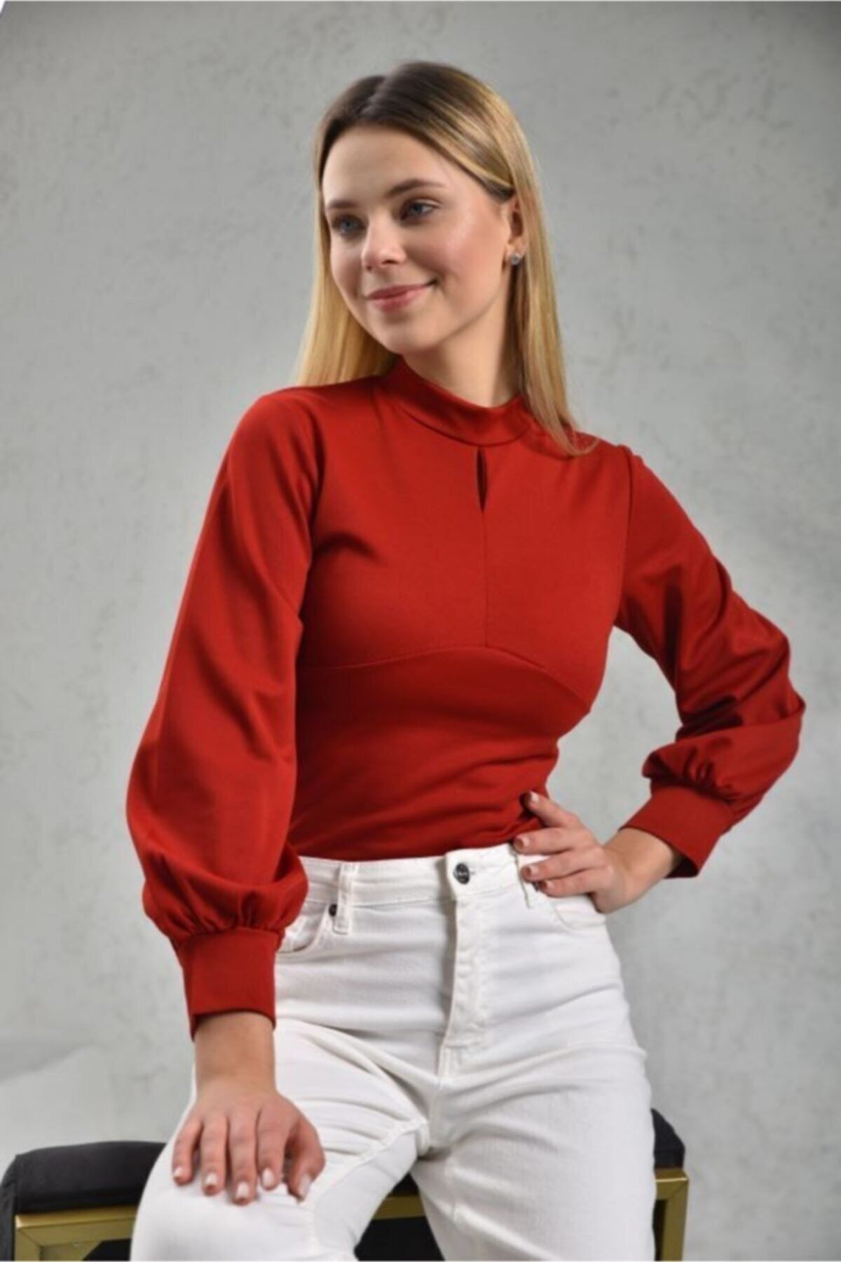 VOLT CLOTHİNG Kadın Kırmızı Önü Damla Balon Kol Krep Bluz