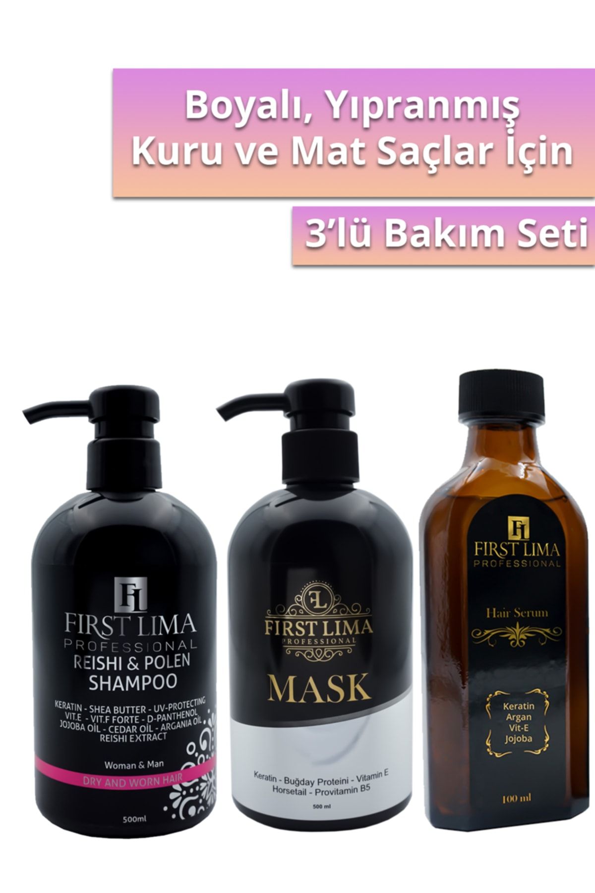 First Lima Professional Yıpranmış Saçlara Özel Bakım Şampuanı & Yoğun Bakım Maskesi & Parlaklık Ve Işıltı Veren Serum