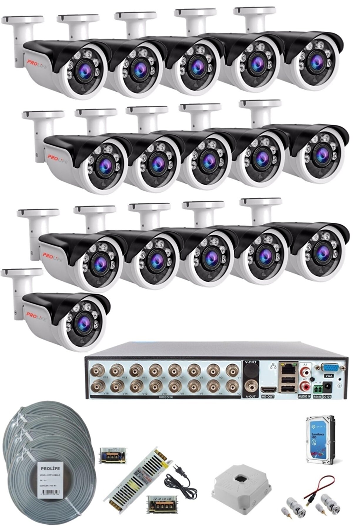 PROLİFE 16 Kameralı Yüz Tanıma Analizi 5 mp Gece Görüşlü Yeni Nesil Güvenlik Kamerası Seti Ultra