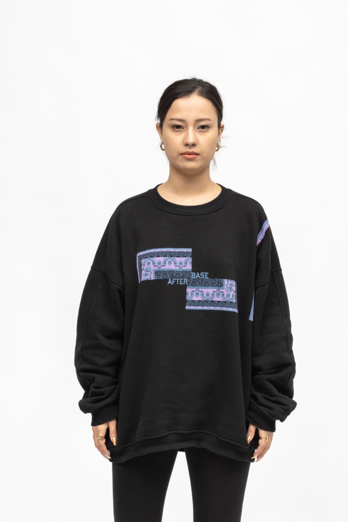 AFTERBASE Oversize Siyah Milas Halı Sweatshirt