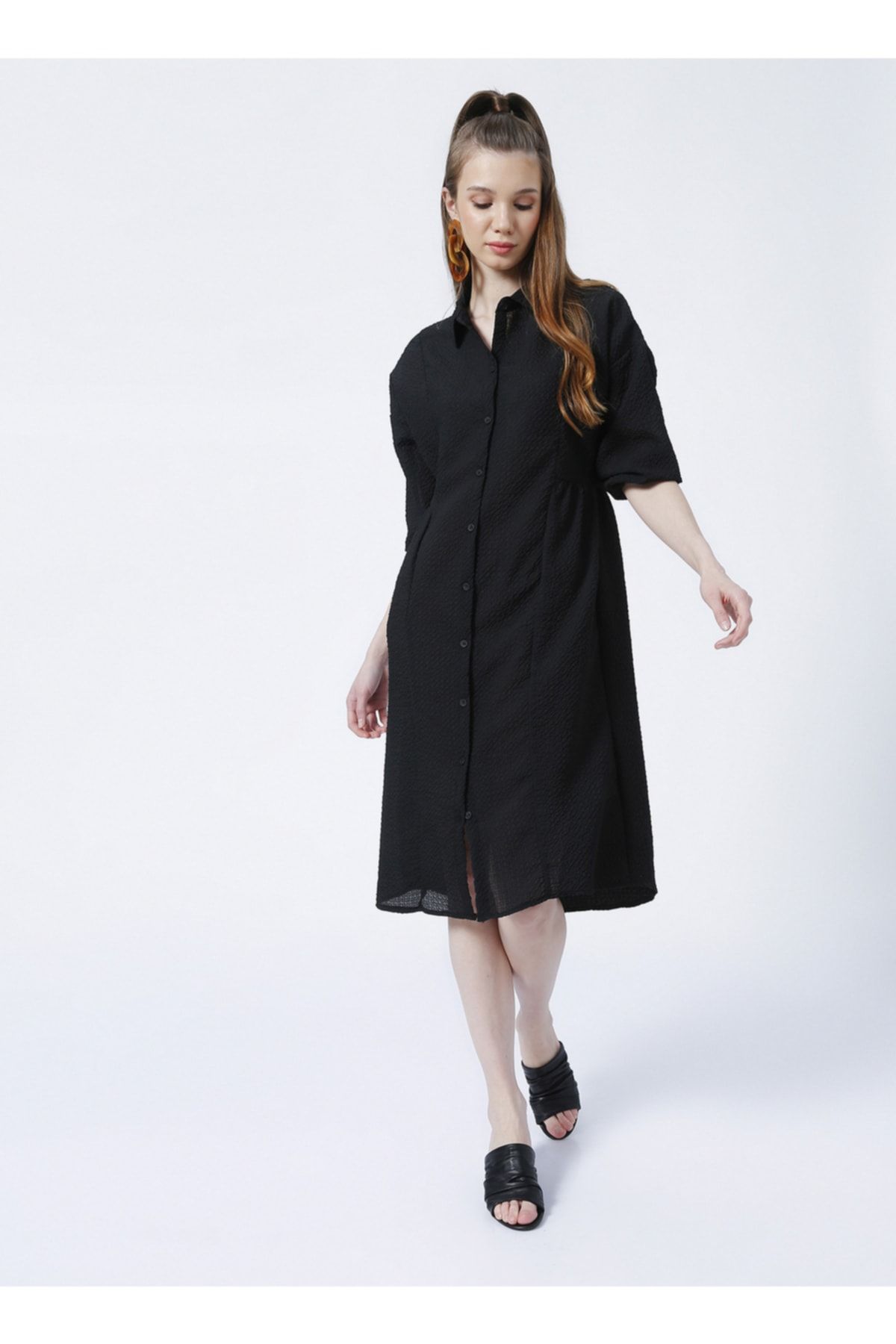 Fabrika Comfort Gömlek Yaka Geniş Fit Düz Siyah Kadın Midi Boy Elbise - Cm-alberto