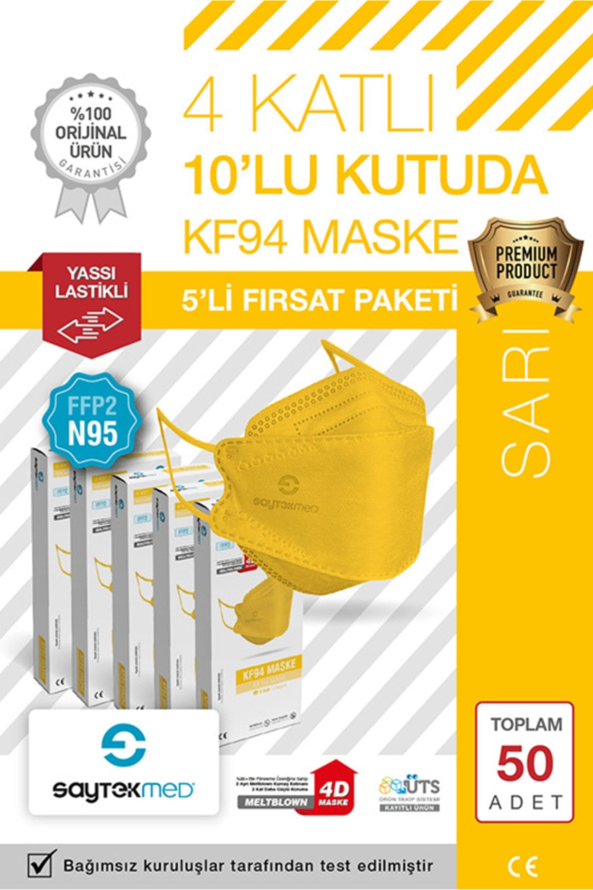 SAYTEKMED N95/FFP2 Kore Tipi, 4 katlı, SARI Maske, Tekli Paket, UV Steril (5 Kutu/ 50 Adet)