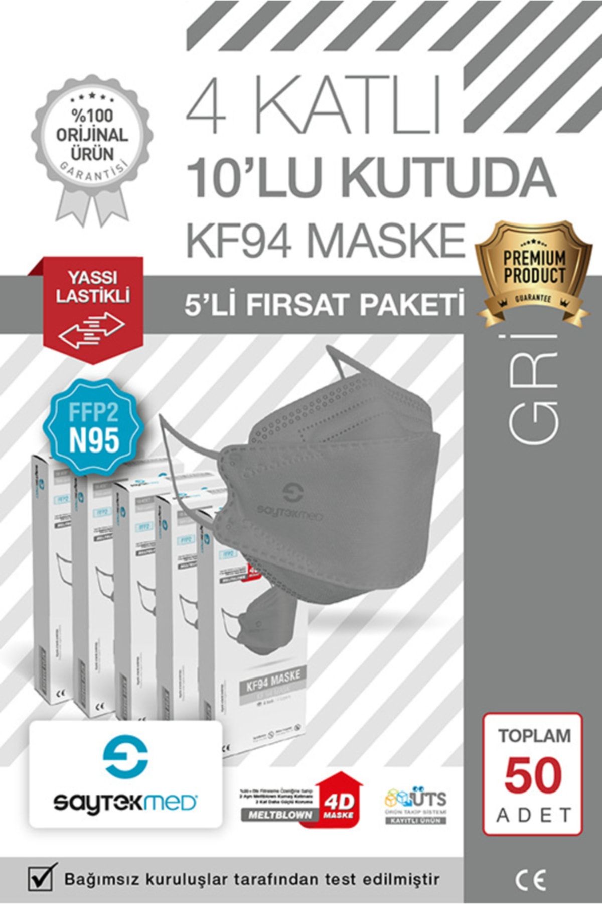 SAYTEKMED N95/FFP2 Kore Tipi, 4 katlı, GRİ Maske, Tekli Paket, UV Steril (5 Kutu/ 50 Adet)